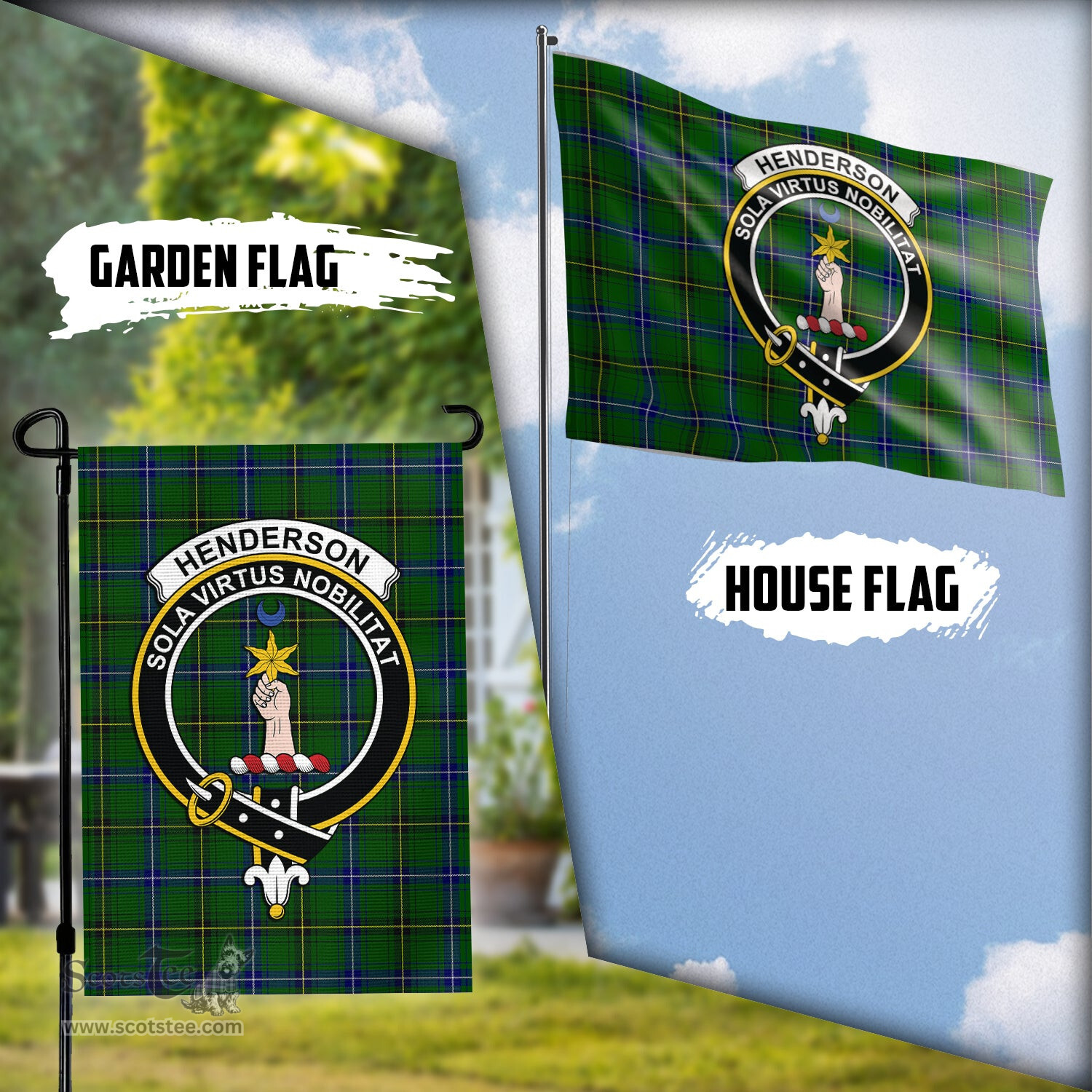 Scottish Henderson Modern Tartan Flag with Family Crest - Tartan Garden Flag Scottish Plaid Tartan Plaid - ScotsTee - scotstee.com