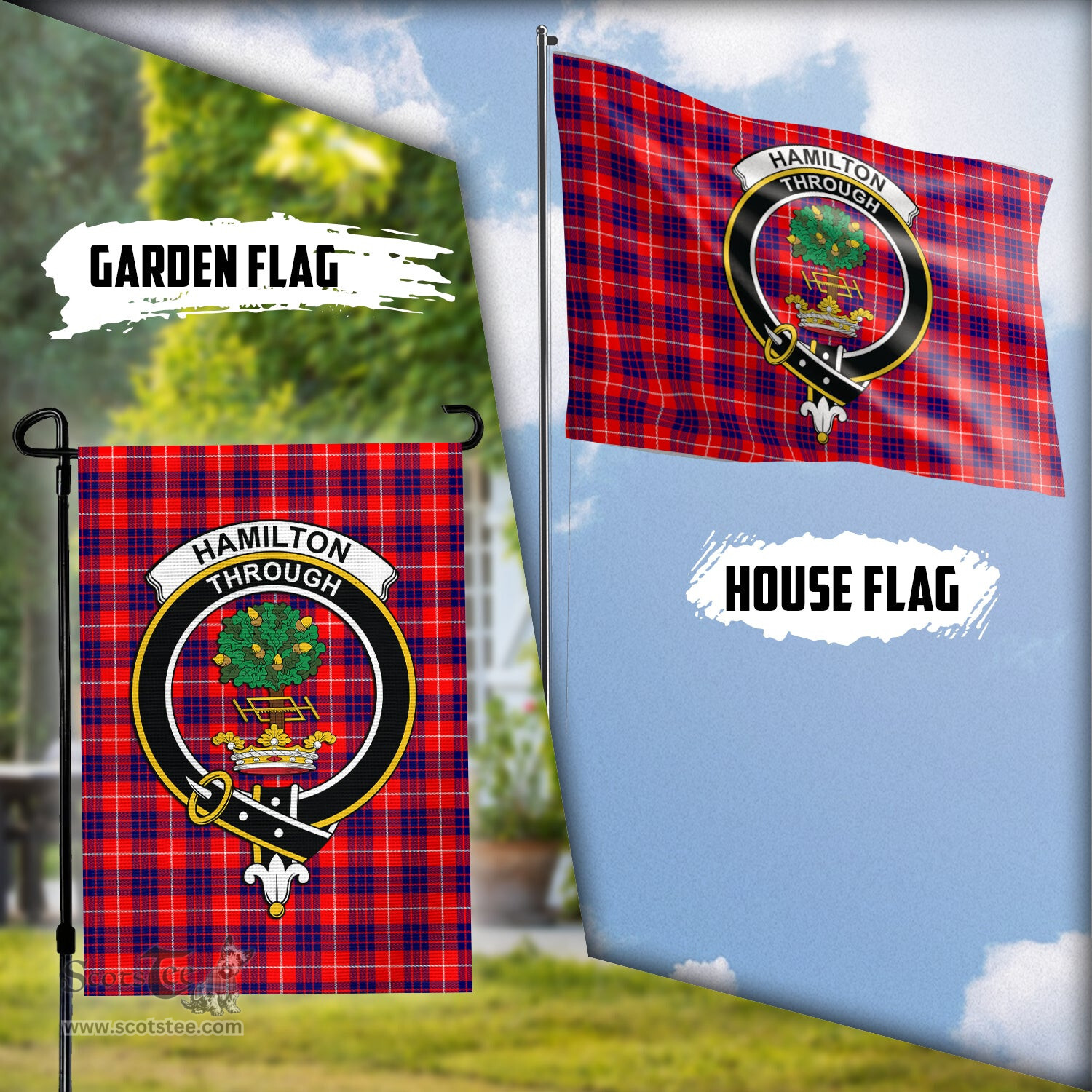 Scottish Hamilton Modern Tartan Flag with Family Crest - Tartan Garden Flag Scottish Plaid Tartan Plaid - ScotsTee - scotstee.com