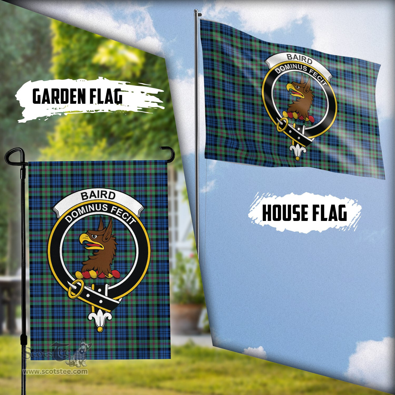 Scottish Baird Ancient Tartan Flag with Family Crest - Tartan Garden Flag Scottish Plaid Tartan Plaid - ScotsTee - scotstee.com