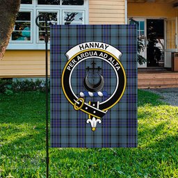 Scottish Hannay Blue Tartan Flag with Family Crest - Tartan Garden Flag Scottish Plaid Tartan Plaid - ScotsTee - scotstee.com