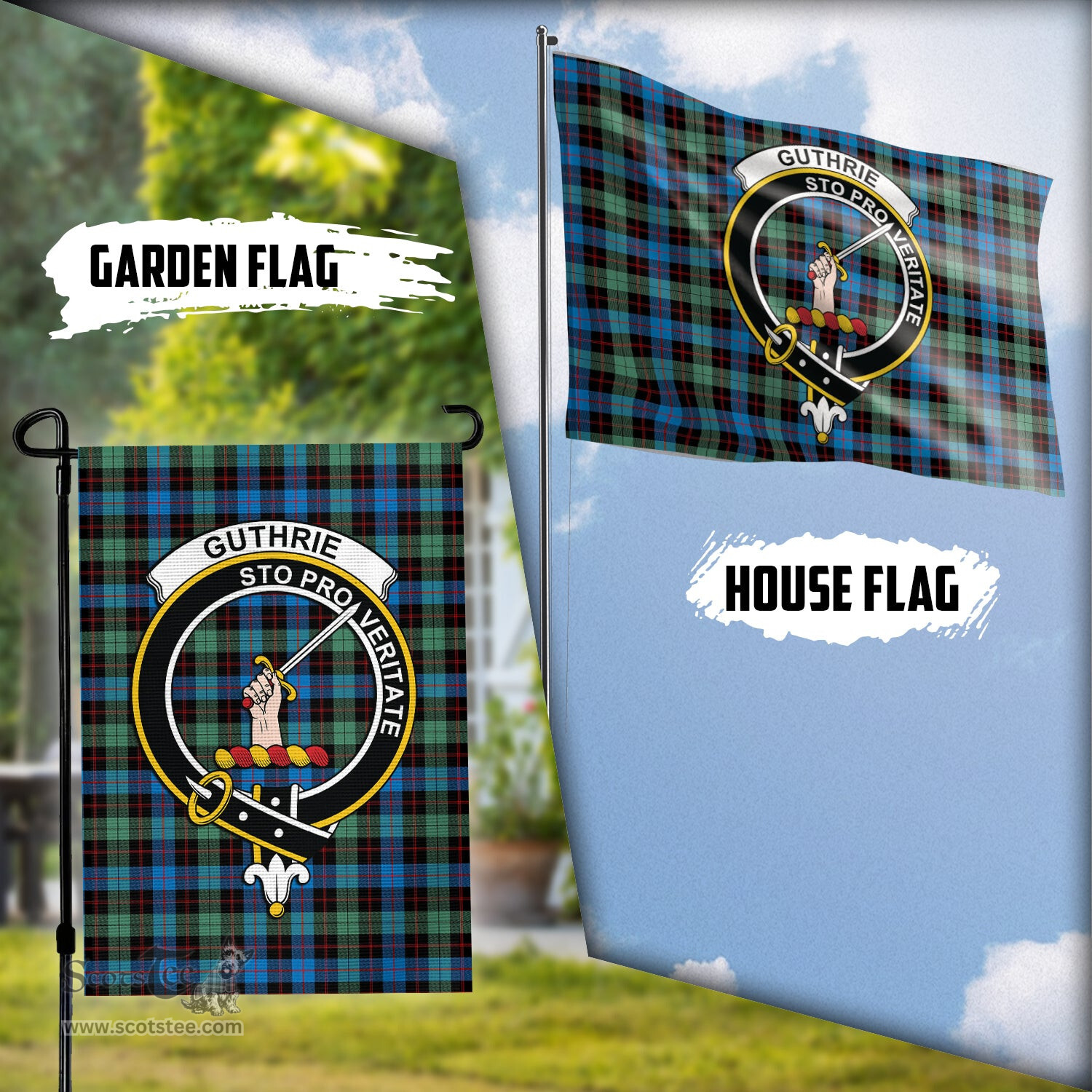 Scottish Guthrie Ancient Tartan Flag with Family Crest - Tartan Garden Flag Scottish Plaid Tartan Plaid - ScotsTee - scotstee.com