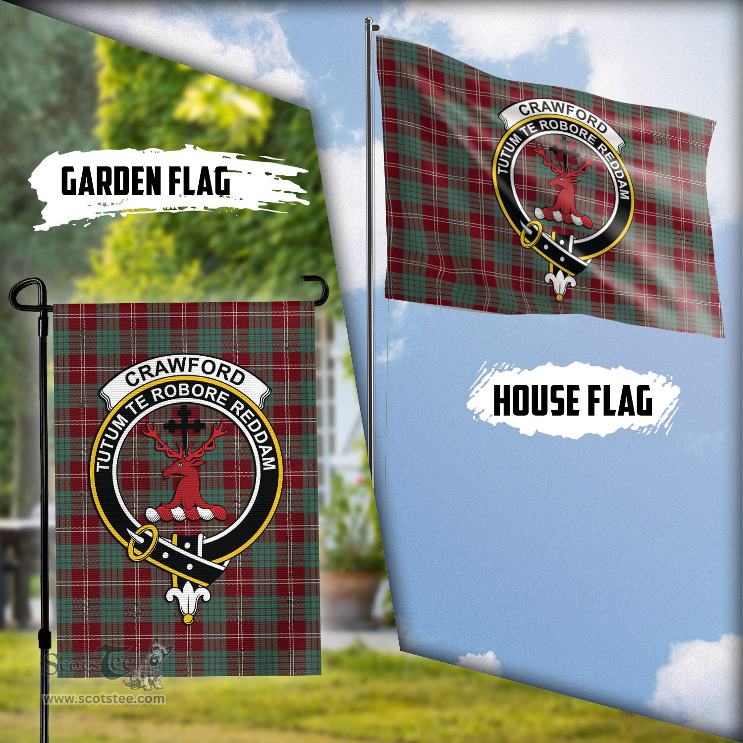 Scottish Crawford Modern Tartan Flag with Family Crest - Tartan Garden Flag Scottish Plaid Tartan Plaid - ScotsTee - scotstee.com