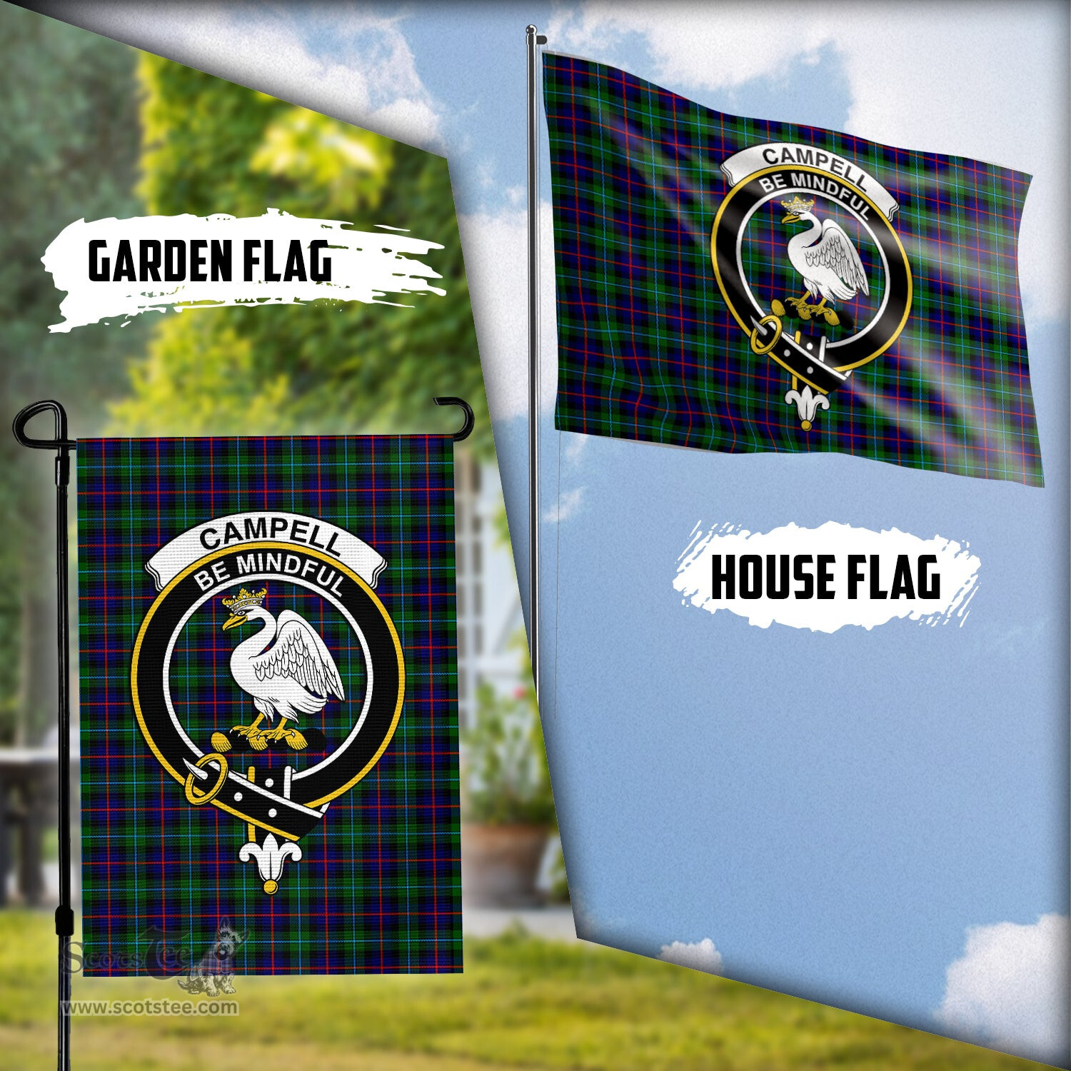 Scottish Campbell of Cawdor Modern Tartan Flag with Family Crest - Tartan Garden Flag Scottish Plaid Tartan Plaid - ScotsTee - scotstee.com