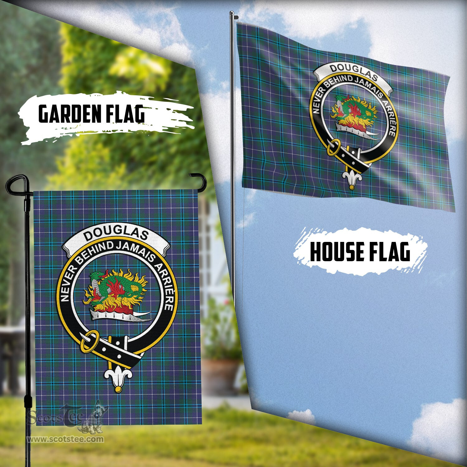 Scottish Douglas Modern Tartan Flag with Family Crest - Tartan Garden Flag Scottish Plaid Tartan Plaid - ScotsTee - scotstee.com