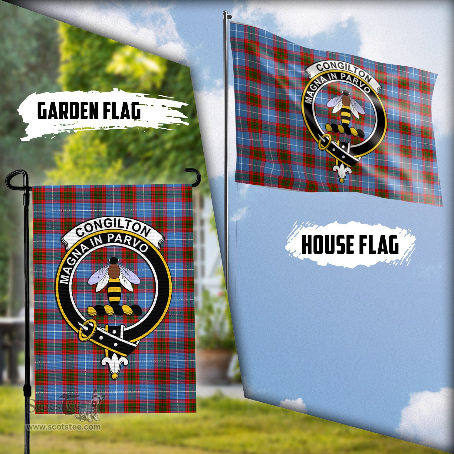 Scottish Congilton Tartan Flag with Family Crest - Tartan Garden Flag Scottish Plaid Tartan Plaid - ScotsTee - scotstee.com