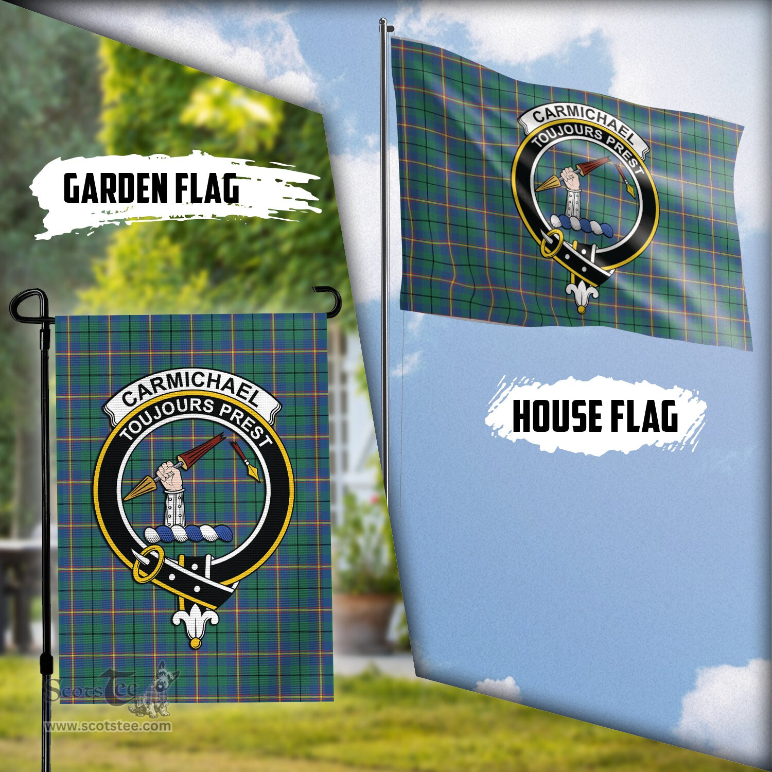 Scottish Carmichael Ancient Tartan Flag with Family Crest - Tartan Garden Flag Scottish Plaid Tartan Plaid - ScotsTee - scotstee.com