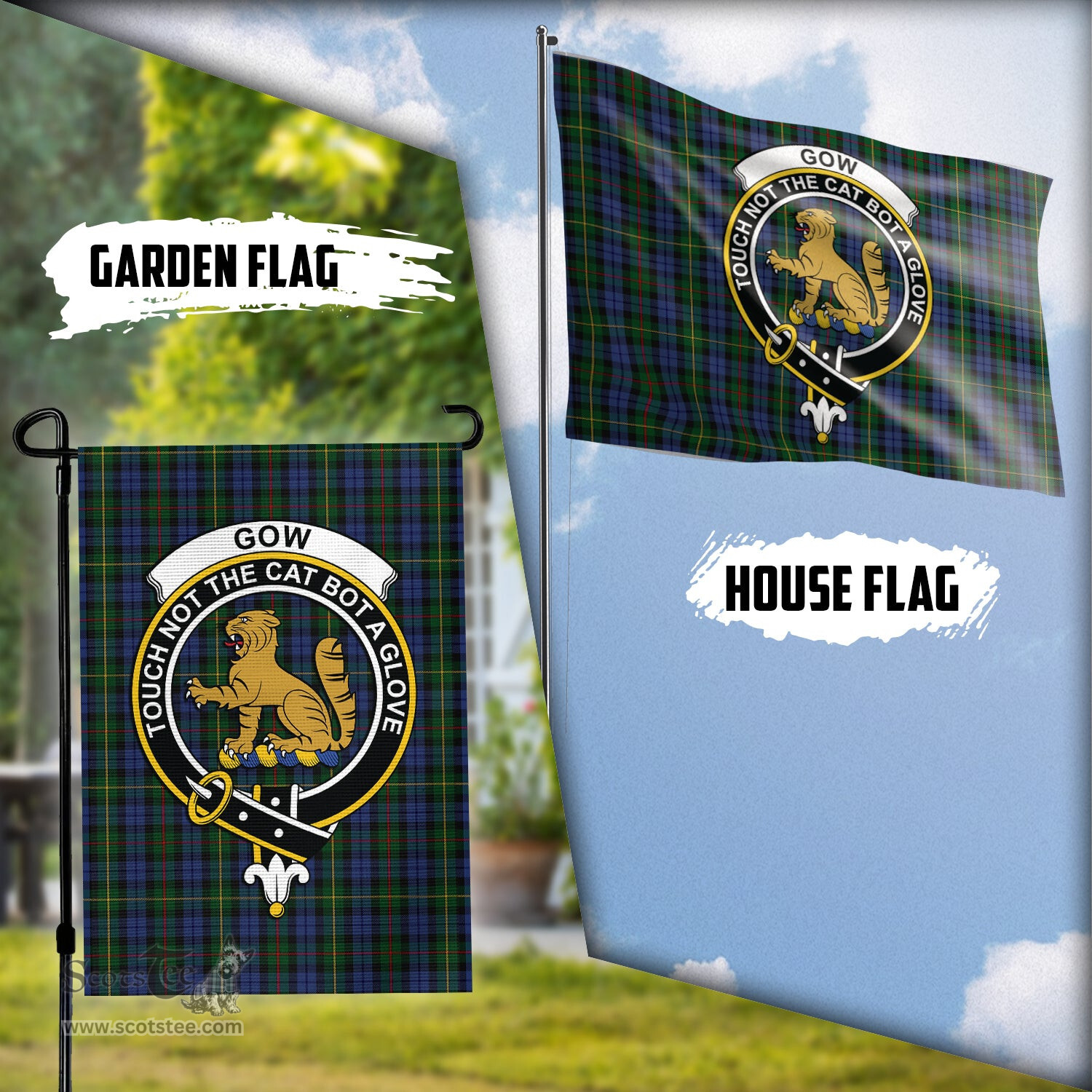 Scottish Gow Hunting Tartan Flag with Family Crest - Tartan Garden Flag Scottish Plaid Tartan Plaid - ScotsTee - scotstee.com