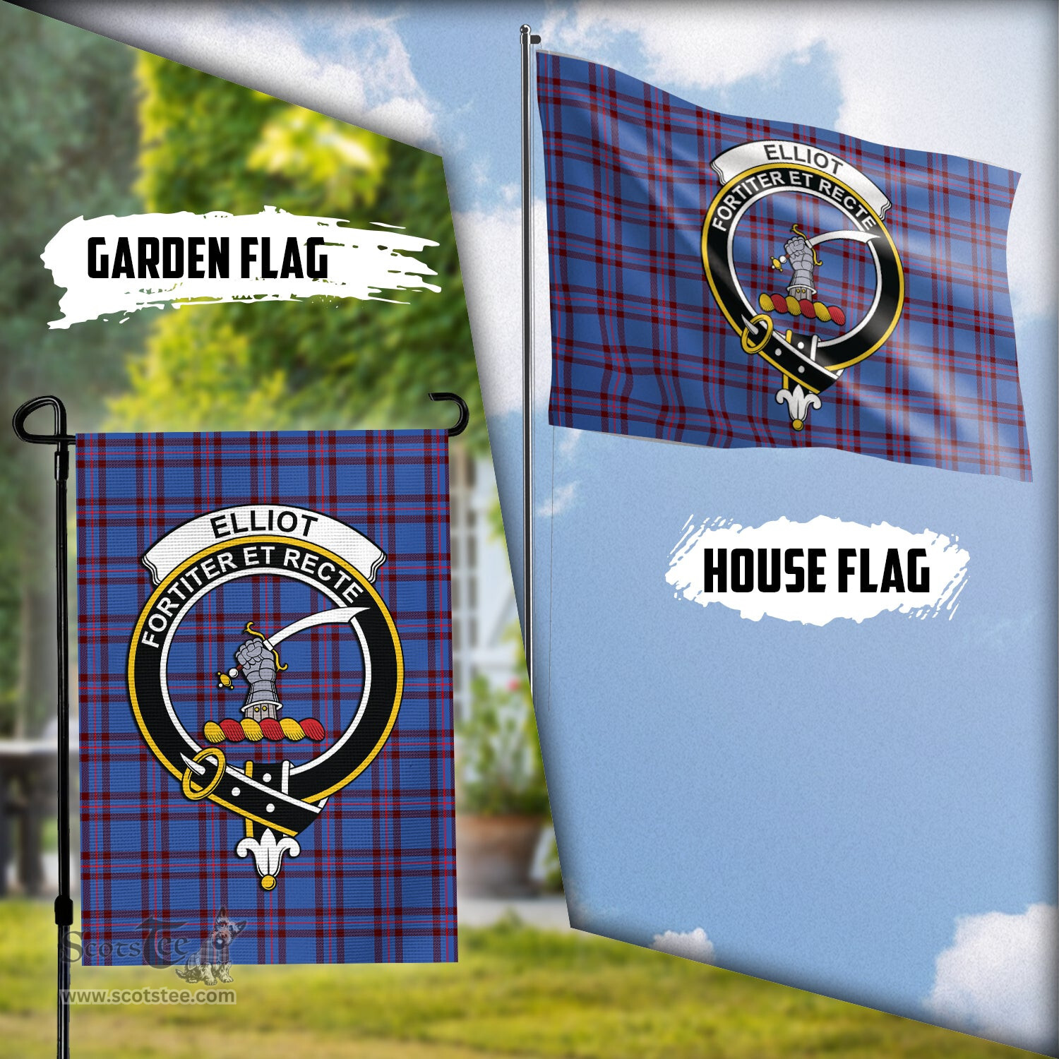 Scottish Elliot Modern Tartan Flag with Family Crest - Tartan Garden Flag Scottish Plaid Tartan Plaid - ScotsTee - scotstee.com