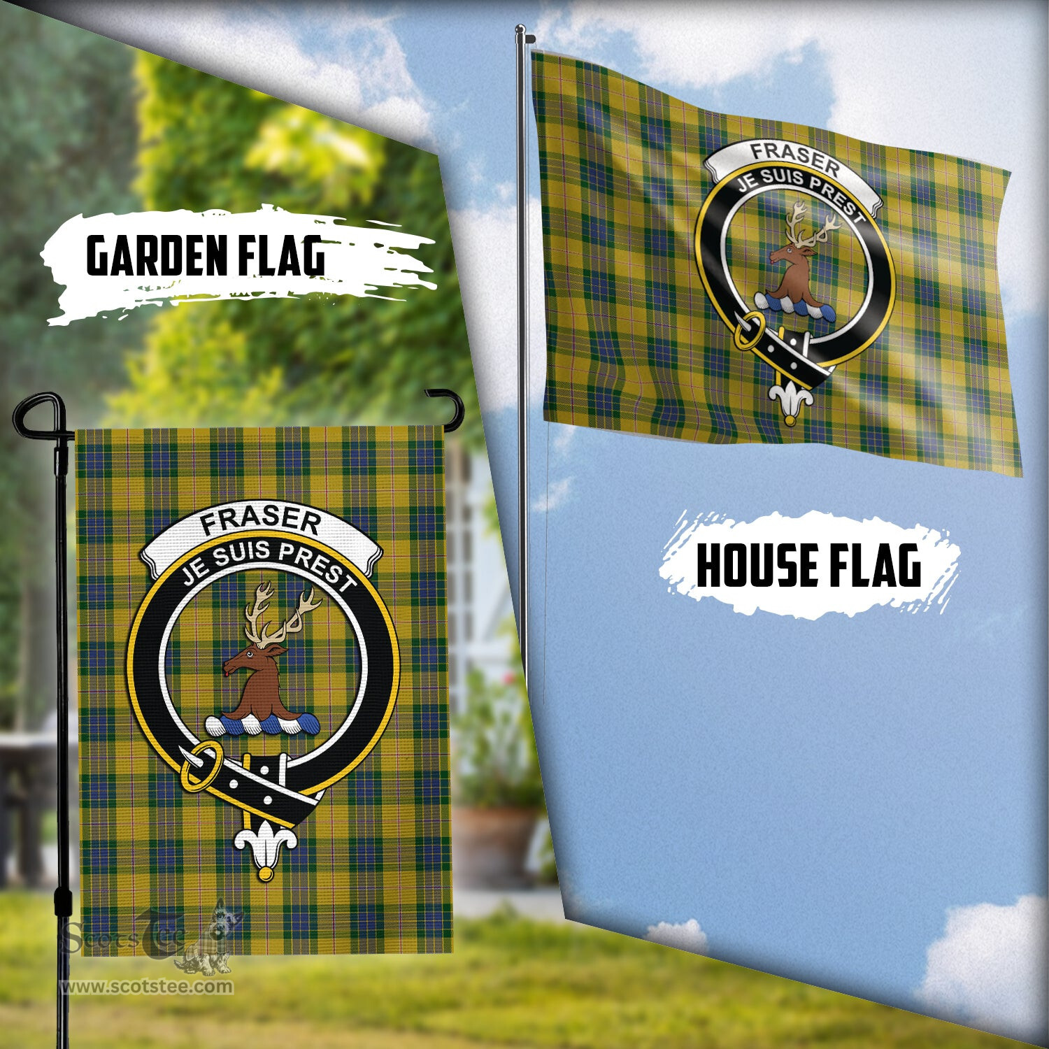 Scottish Fraser Yellow Tartan Flag with Family Crest - Tartan Garden Flag Scottish Plaid Tartan Plaid - ScotsTee - scotstee.com