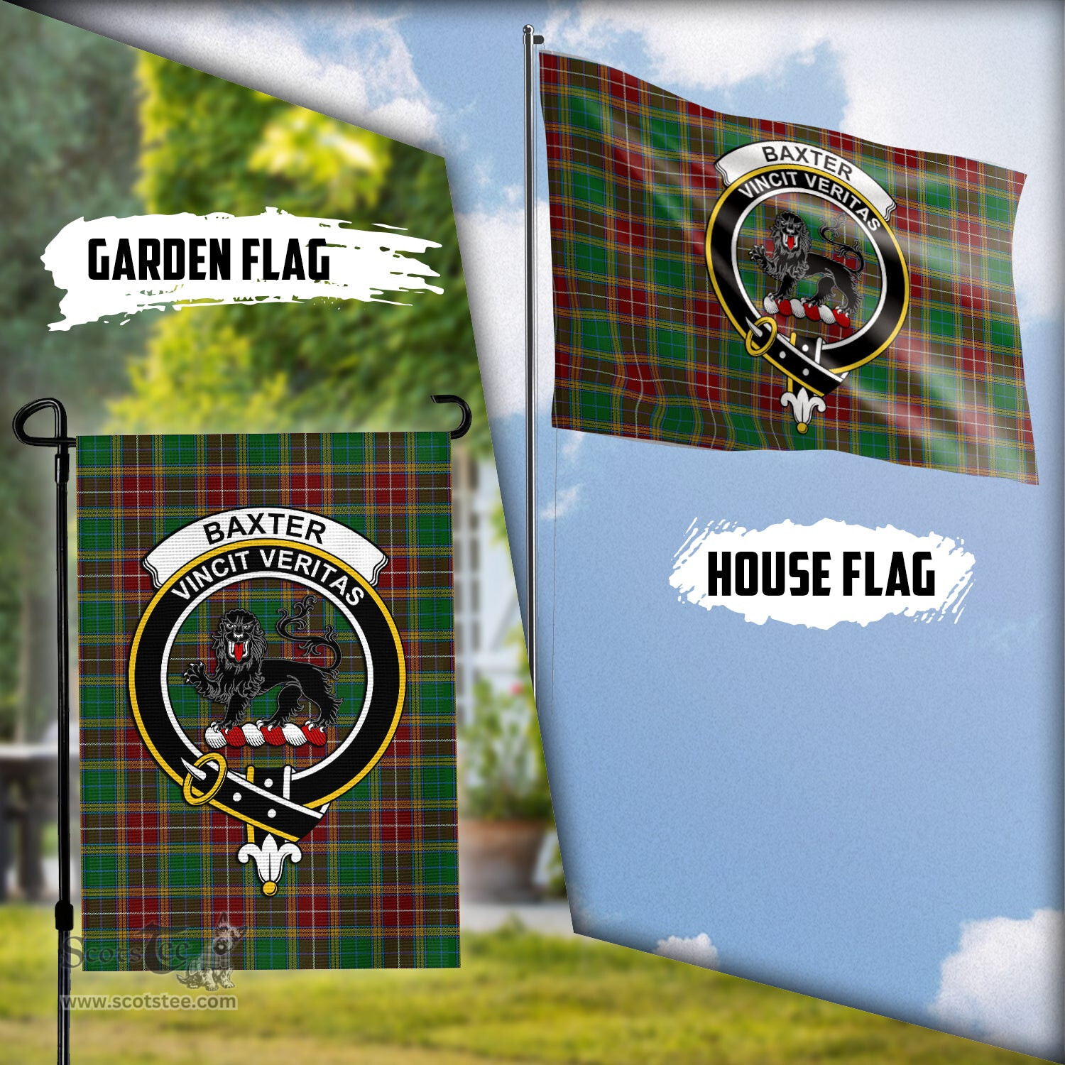 Scottish Baxter Tartan Flag with Family Crest - Tartan Garden Flag Scottish Plaid Tartan Plaid - ScotsTee - scotstee.com