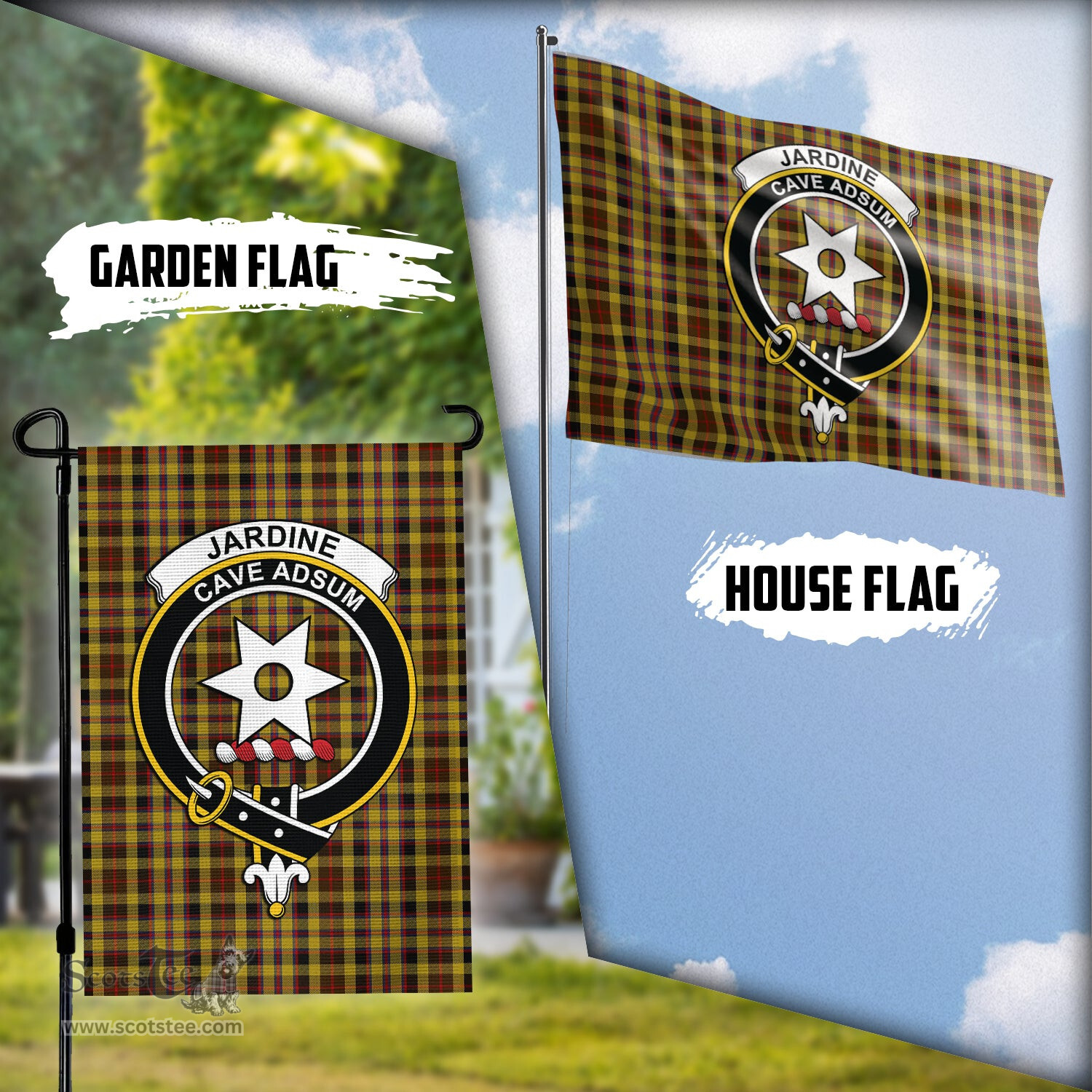Scottish Jardine Tartan Flag with Family Crest - Tartan Garden Flag Scottish Plaid Tartan Plaid - ScotsTee - scotstee.com
