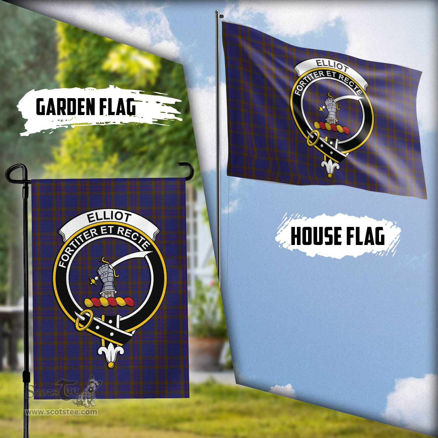 Scottish Elliot Tartan Flag with Family Crest - Tartan Garden Flag Scottish Plaid Tartan Plaid - ScotsTee - scotstee.com