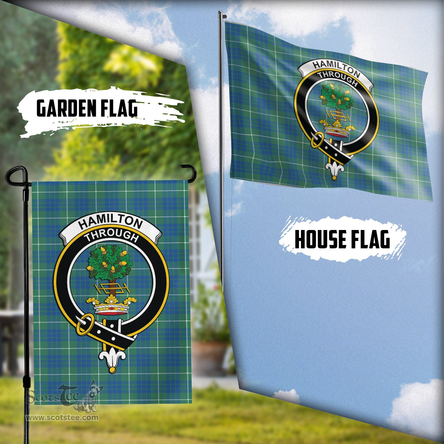 Scottish Hamilton Hunting Ancient Tartan Flag with Family Crest - Tartan Garden Flag Scottish Plaid Tartan Plaid - ScotsTee - scotstee.com