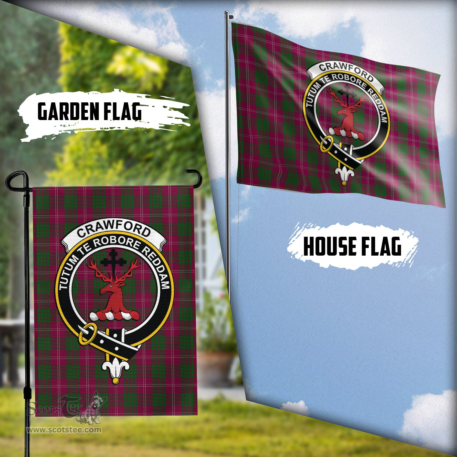 Scottish Crawford Tartan Flag with Family Crest - Tartan Garden Flag Scottish Plaid Tartan Plaid - ScotsTee - scotstee.com