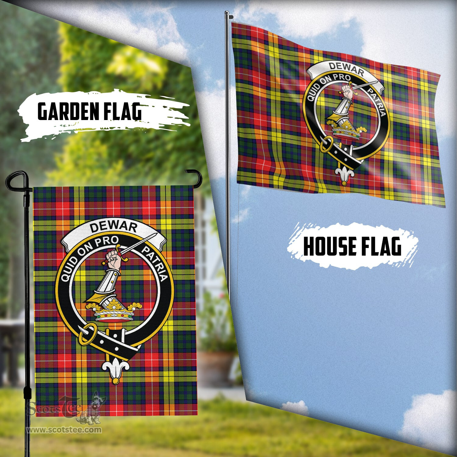 Scottish Dewar Tartan Flag with Family Crest - Tartan Garden Flag Scottish Plaid Tartan Plaid - ScotsTee - scotstee.com