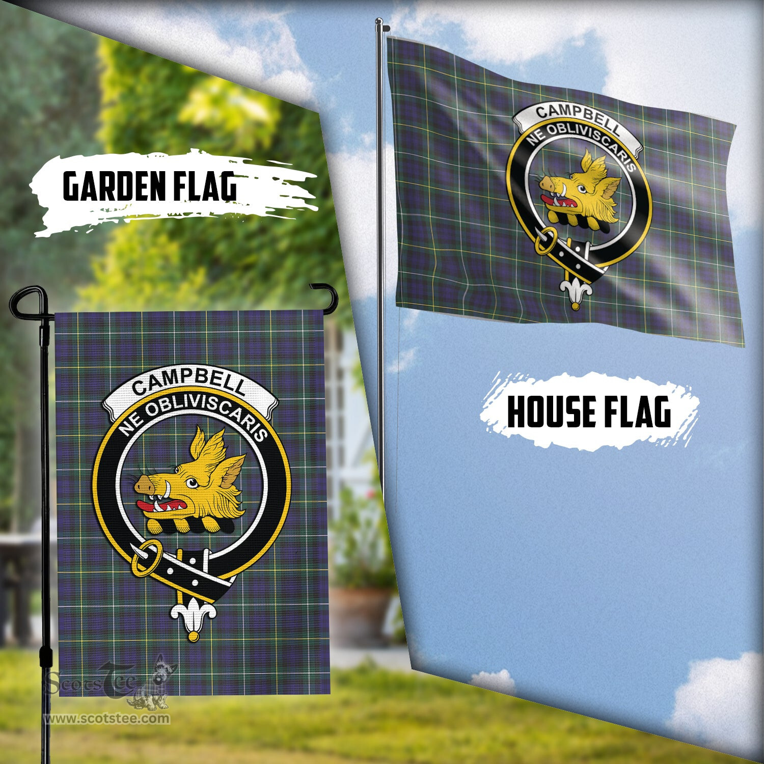 Scottish Campbell Argyll Modern Tartan Flag with Family Crest - Tartan Garden Flag Scottish Plaid Tartan Plaid - ScotsTee - scotstee.com