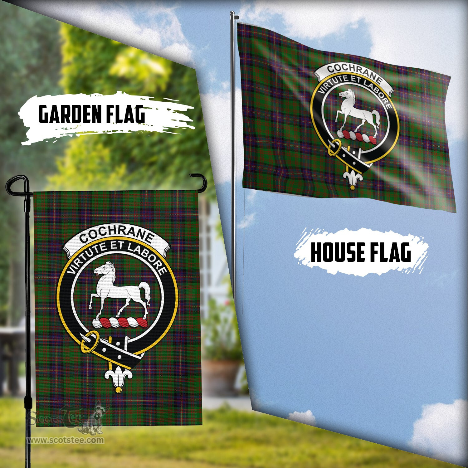 Scottish Cochrane Tartan Flag with Family Crest - Tartan Garden Flag Scottish Plaid Tartan Plaid - ScotsTee - scotstee.com