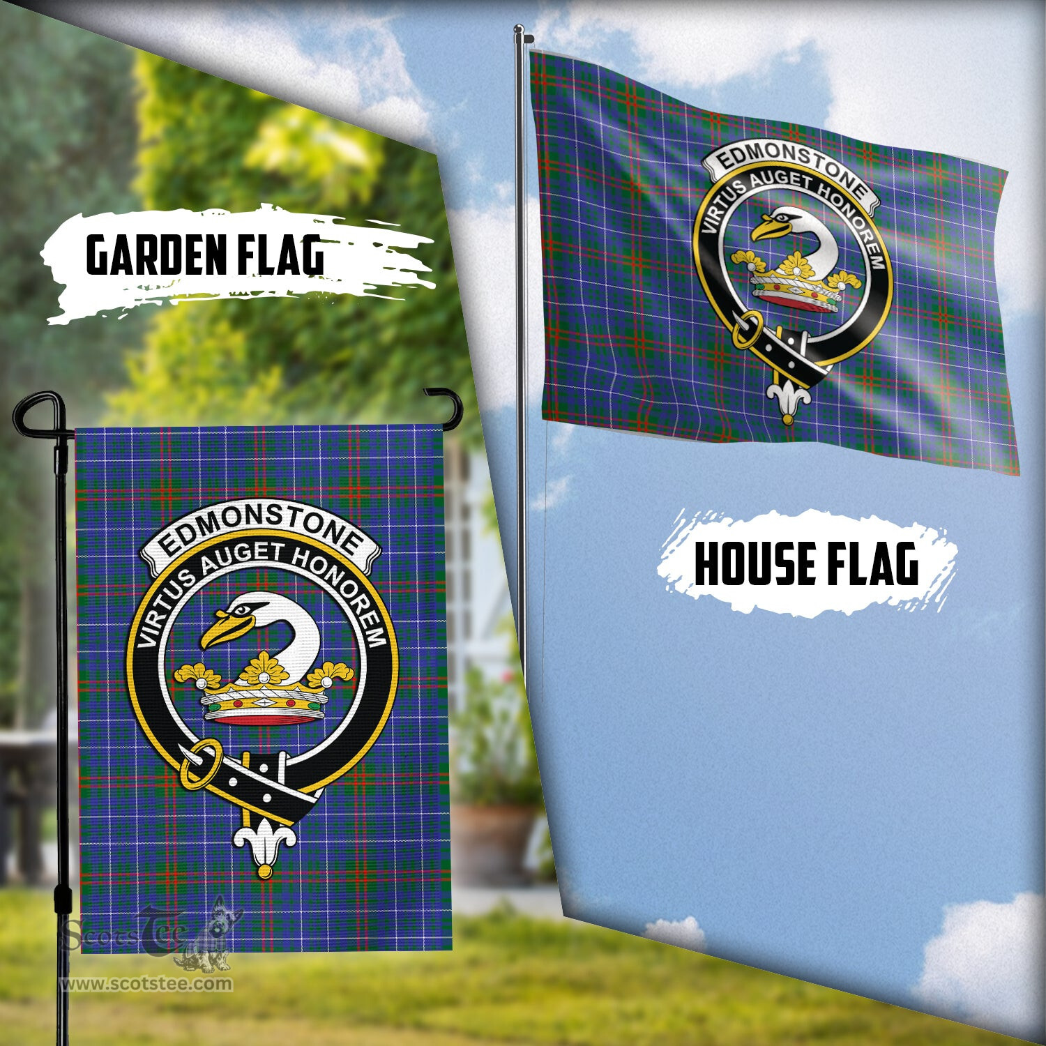Scottish Edmonstone Tartan Flag with Family Crest - Tartan Garden Flag Scottish Plaid Tartan Plaid - ScotsTee - scotstee.com