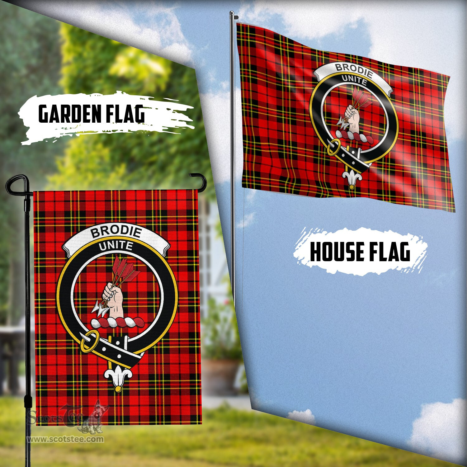 Scottish Brodie Modern Tartan Flag with Family Crest - Tartan Garden Flag Scottish Plaid Tartan Plaid - ScotsTee - scotstee.com