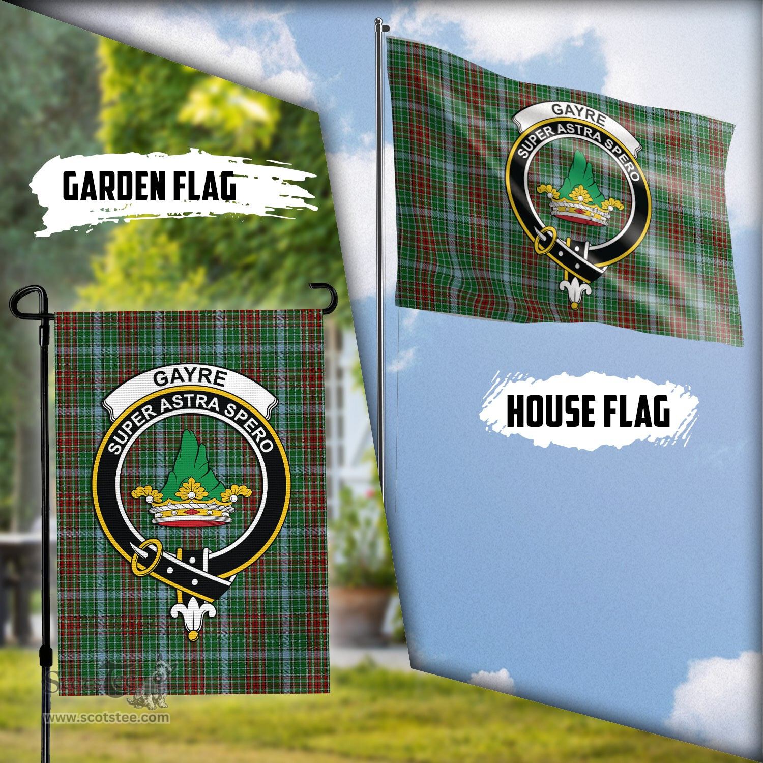Scottish Gayre Tartan Flag with Family Crest - Tartan Garden Flag Scottish Plaid Tartan Plaid - ScotsTee - scotstee.com