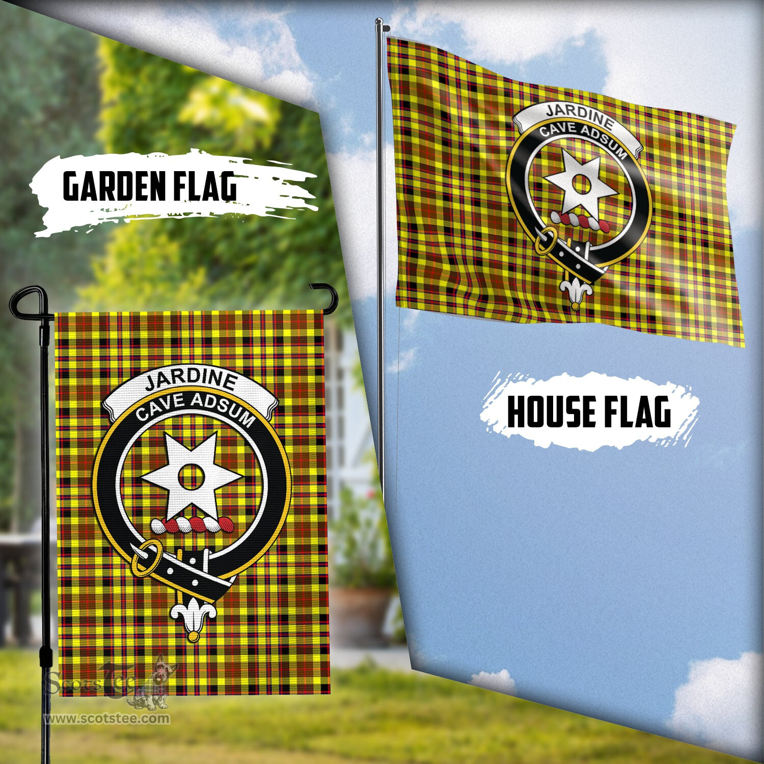 Scottish Jardine Modern Tartan Flag with Family Crest - Tartan Garden Flag Scottish Plaid Tartan Plaid - ScotsTee - scotstee.com