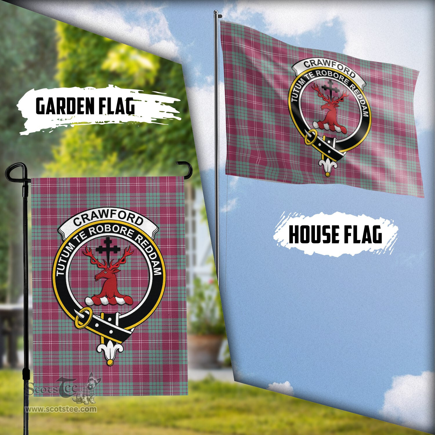 Scottish Crawford Ancient Tartan Flag with Family Crest - Tartan Garden Flag Scottish Plaid Tartan Plaid - ScotsTee - scotstee.com