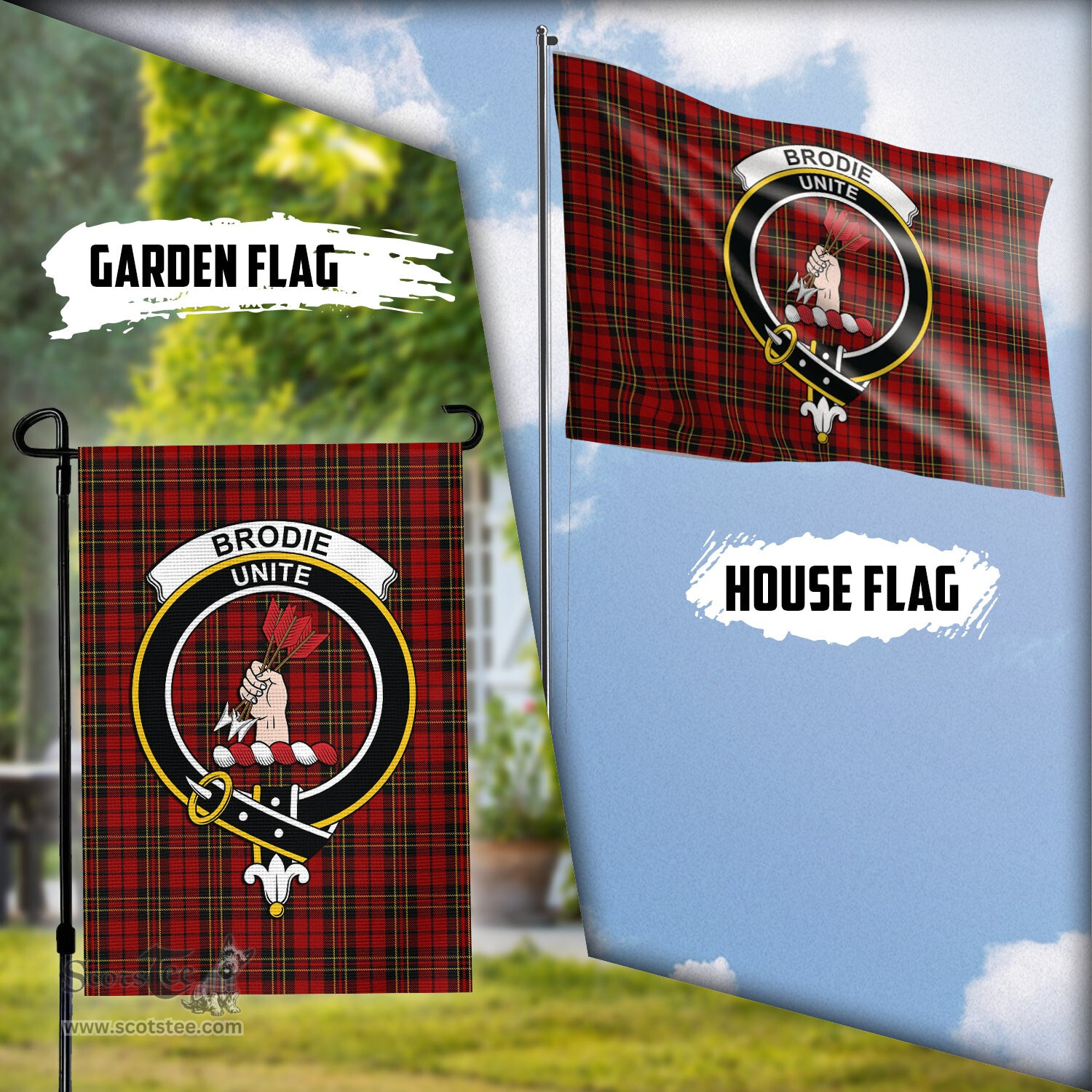 Scottish Brodie Tartan Flag with Family Crest - Tartan Garden Flag Scottish Plaid Tartan Plaid - ScotsTee - scotstee.com
