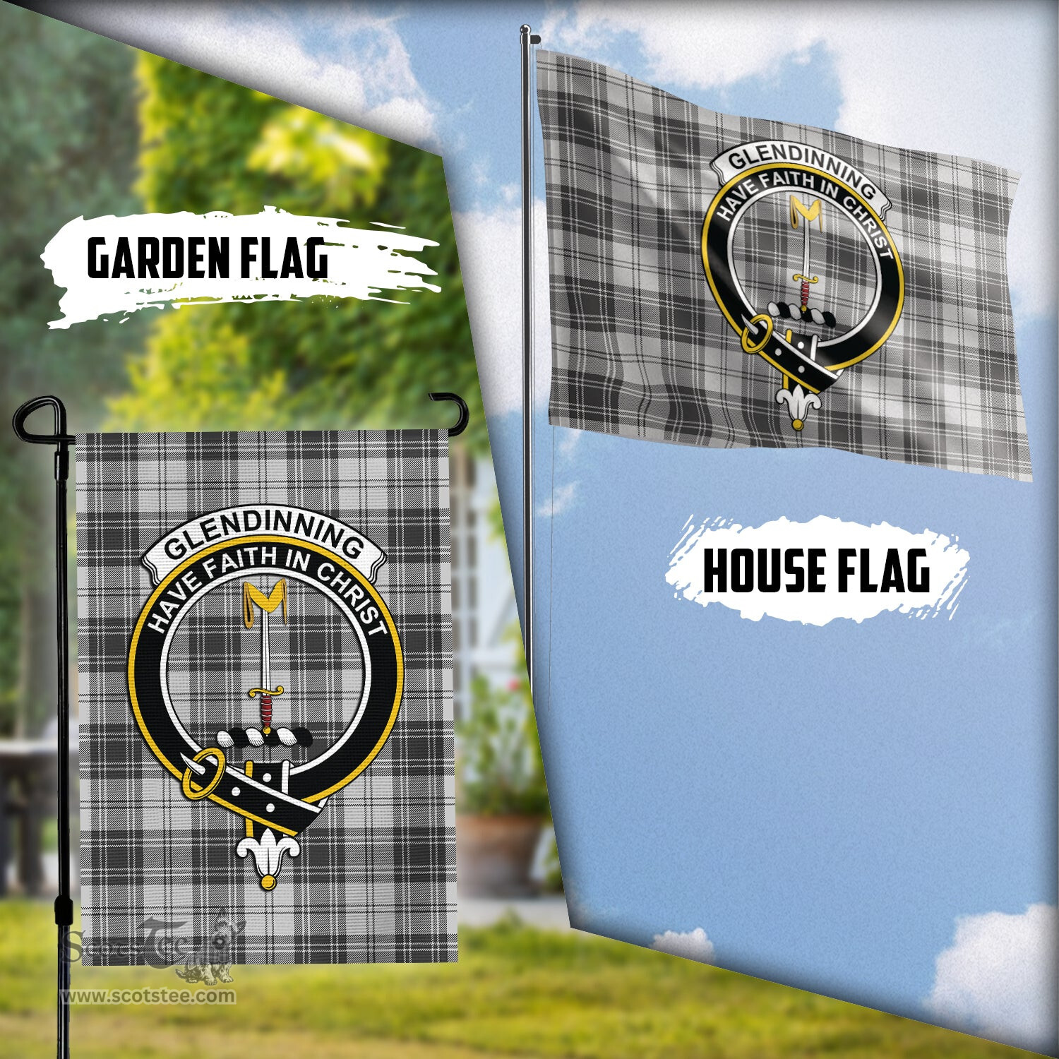 Scottish Glendinning Tartan Flag with Family Crest - Tartan Garden Flag Scottish Plaid Tartan Plaid - ScotsTee - scotstee.com