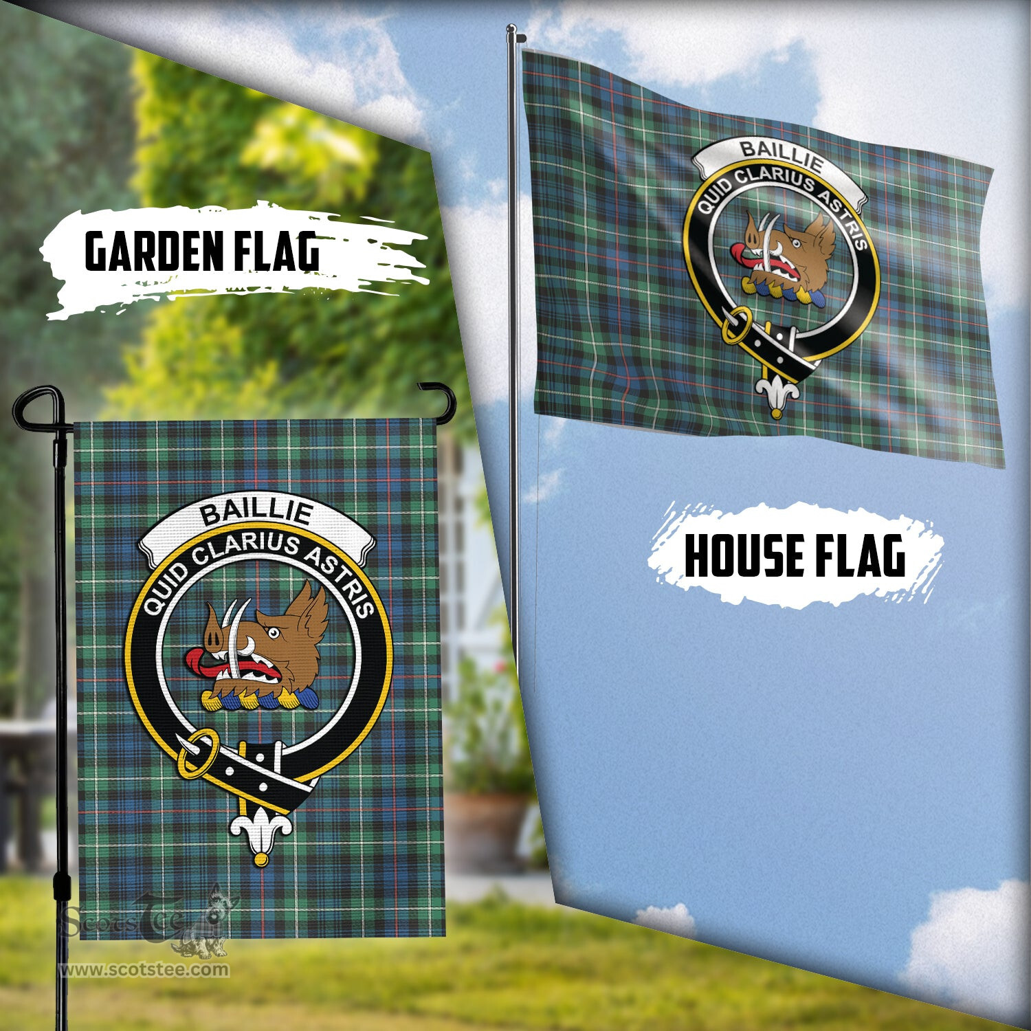 Scottish Baillie Ancient Tartan Flag with Family Crest - Tartan Garden Flag Scottish Plaid Tartan Plaid - ScotsTee - scotstee.com