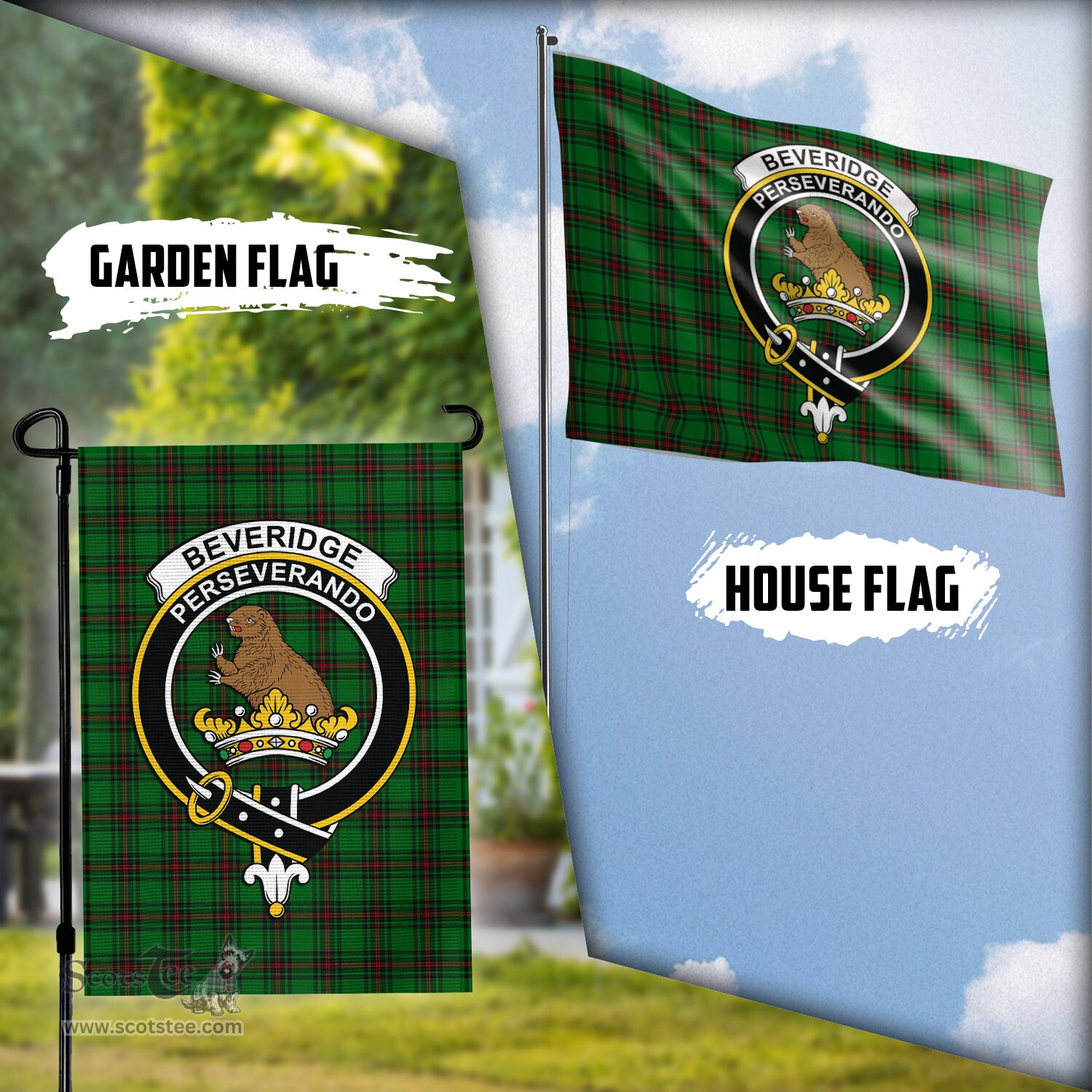 Scottish Beveridge Tartan Flag with Family Crest - Tartan Garden Flag Scottish Plaid Tartan Plaid - ScotsTee - scotstee.com