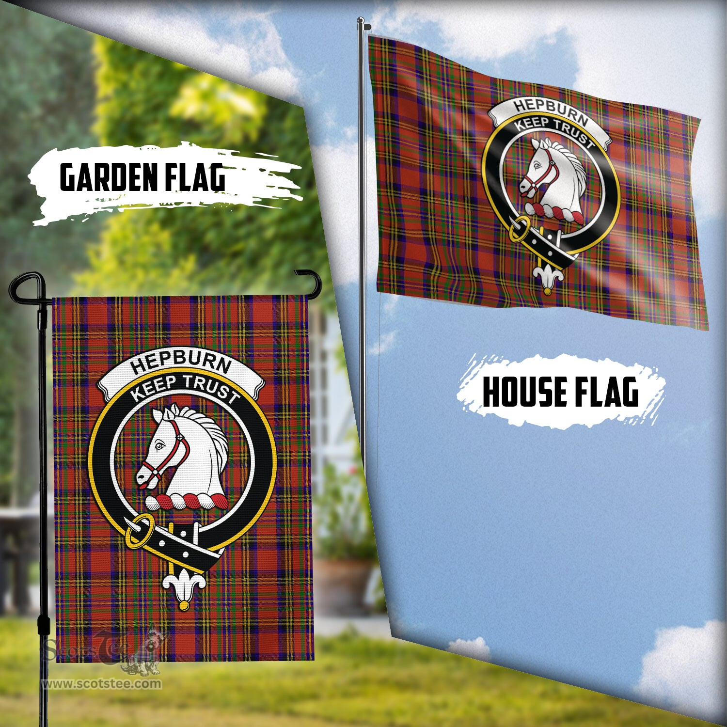 Scottish Hepburn Tartan Flag with Family Crest - Tartan Garden Flag Scottish Plaid Tartan Plaid - ScotsTee - scotstee.com