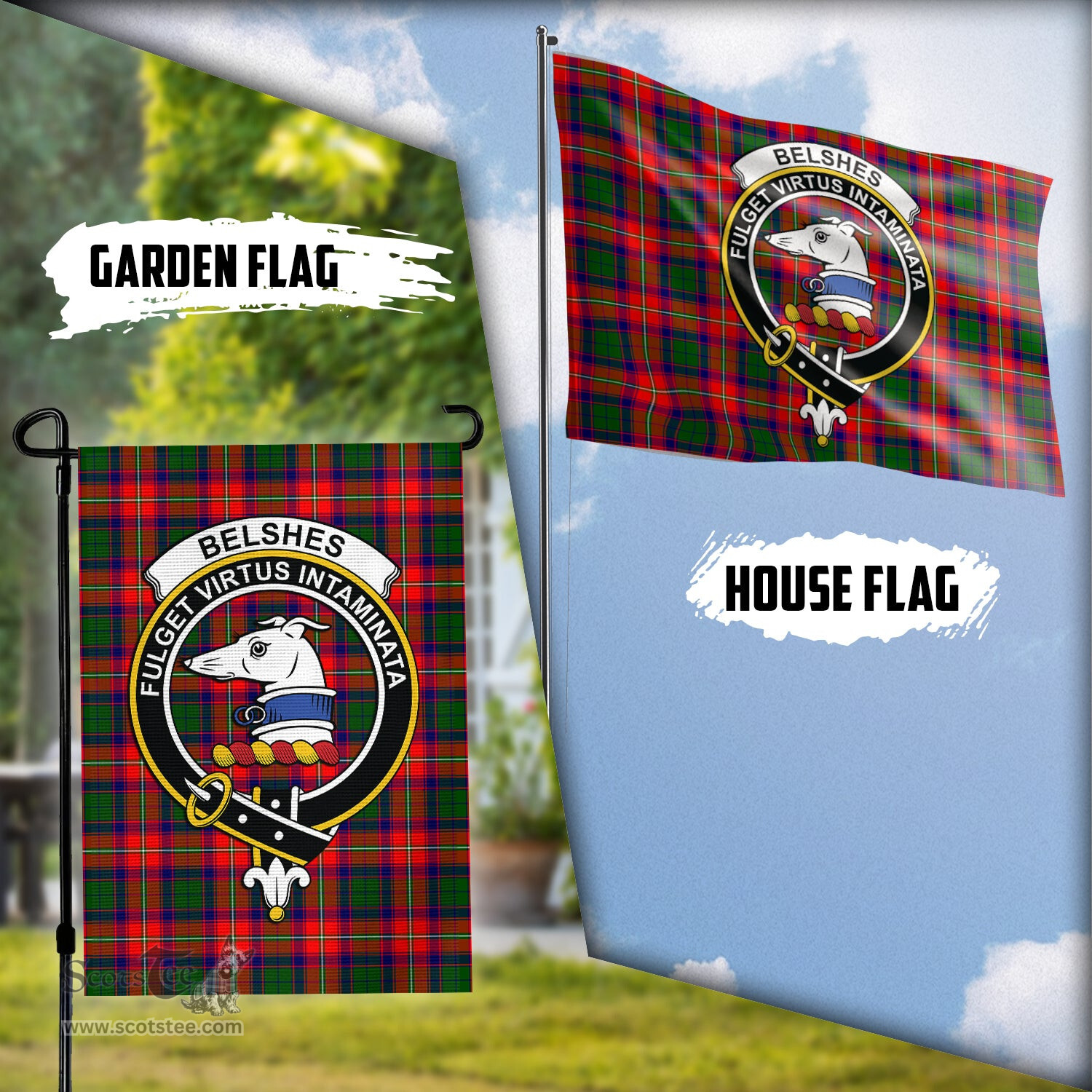 Scottish Belshes Tartan Flag with Family Crest - Tartan Garden Flag Scottish Plaid Tartan Plaid - ScotsTee - scotstee.com