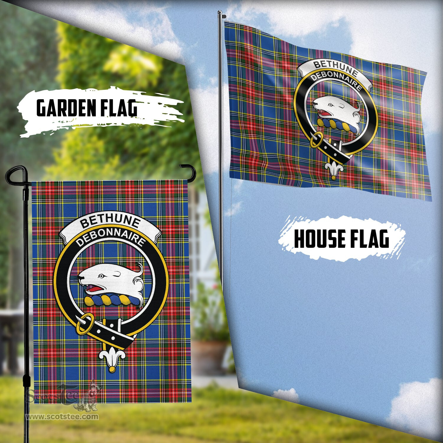 Scottish Bethune Tartan Flag with Family Crest - Tartan Garden Flag Scottish Plaid Tartan Plaid - ScotsTee - scotstee.com