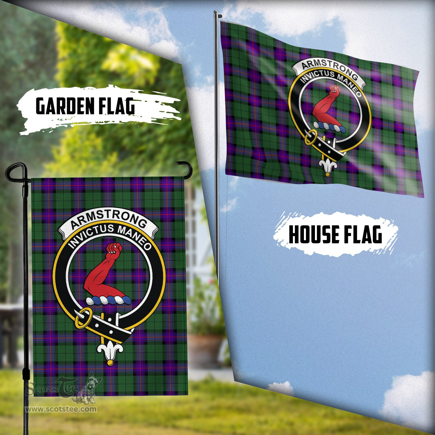 Scottish Armstrong Modern Tartan Flag with Family Crest - Tartan Garden Flag Scottish Plaid Tartan Plaid - ScotsTee - scotstee.com