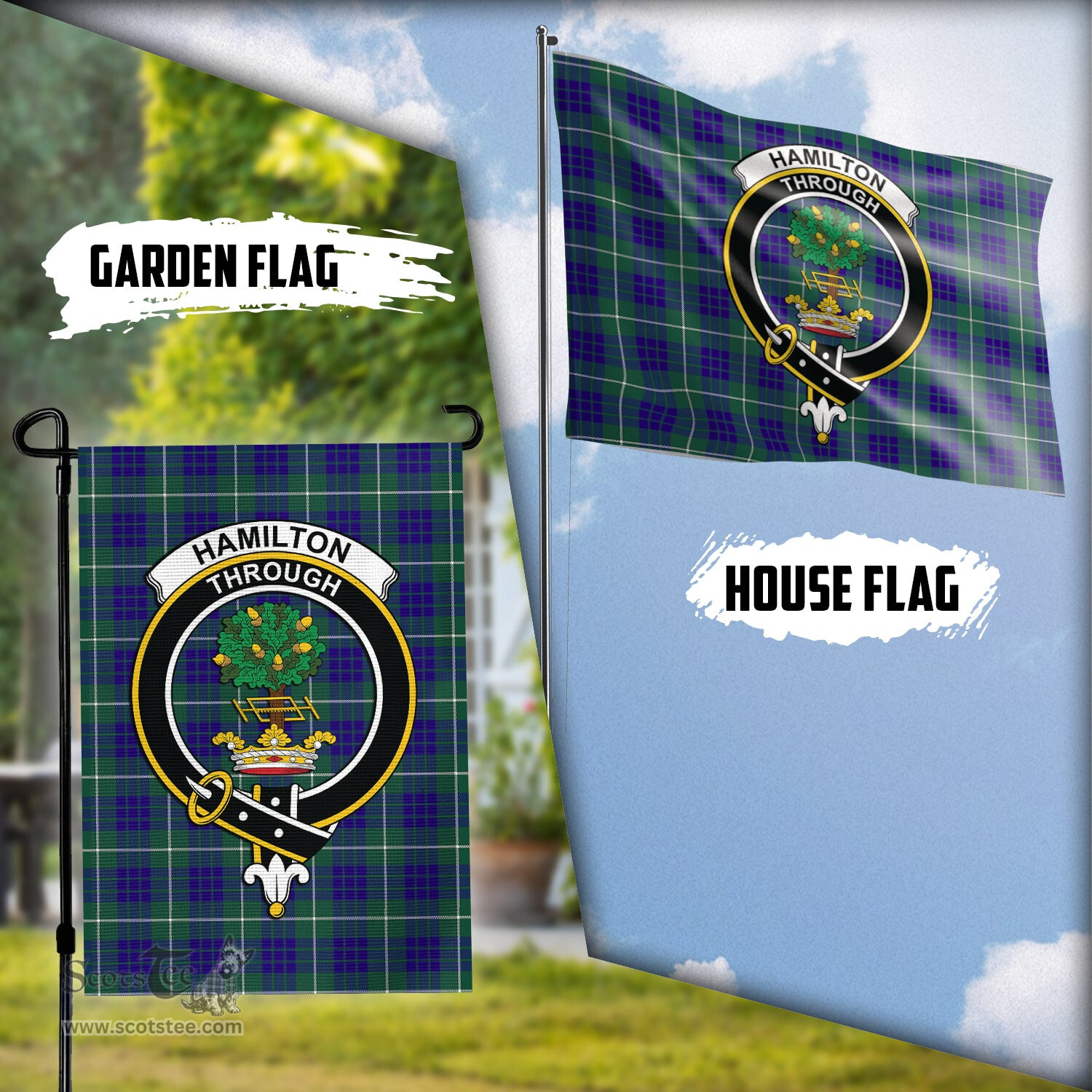 Scottish Hamilton Hunting Modern Tartan Flag with Family Crest - Tartan Garden Flag Scottish Plaid Tartan Plaid - ScotsTee - scotstee.com