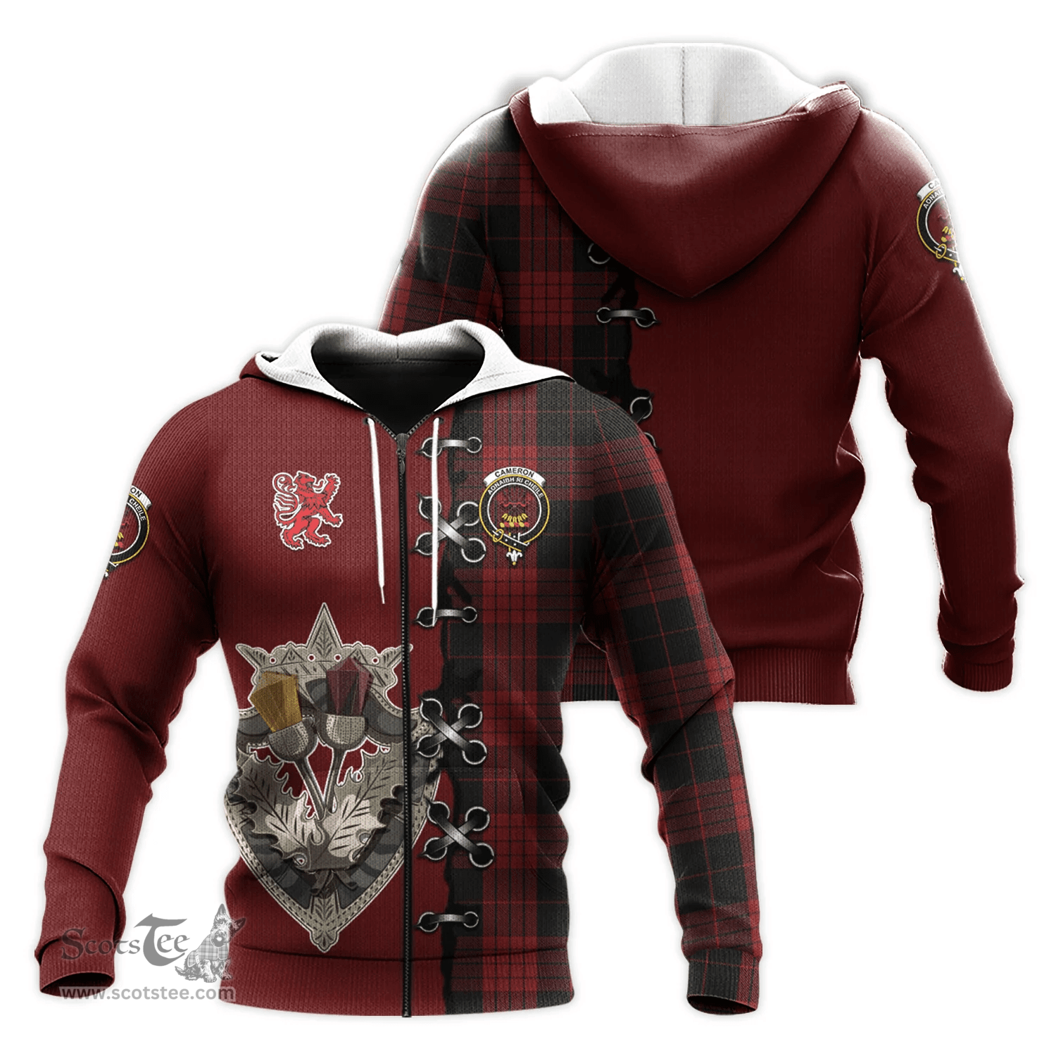 Scottish Cameron Black and Red Clan Tartan Hoodie - Lion Rampant And Celtic Thistle Style Scottish Plaid Tartan Plaid