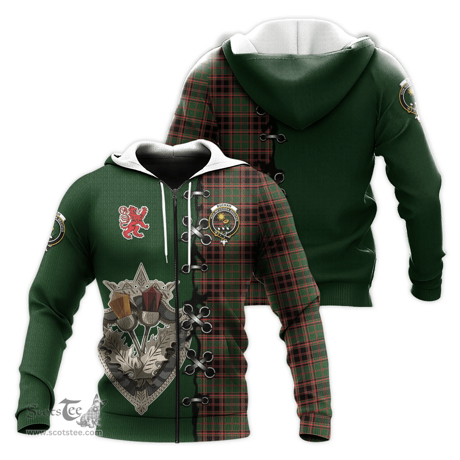 Scottish Buchan Modern Clan Tartan Hoodie - Lion Rampant And Celtic Thistle Style Scottish Plaid Tartan Plaid