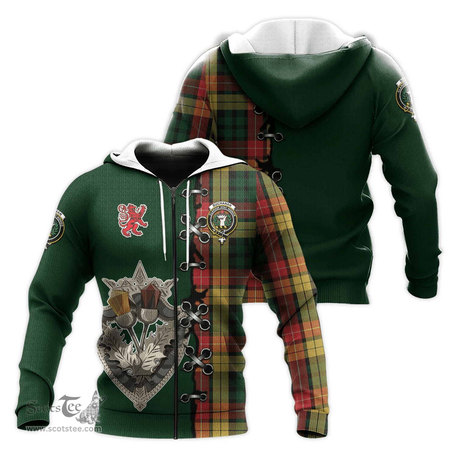 Scottish Buchanan Clan Tartan Hoodie - Lion Rampant And Celtic Thistle Style Scottish Plaid Tartan Plaid