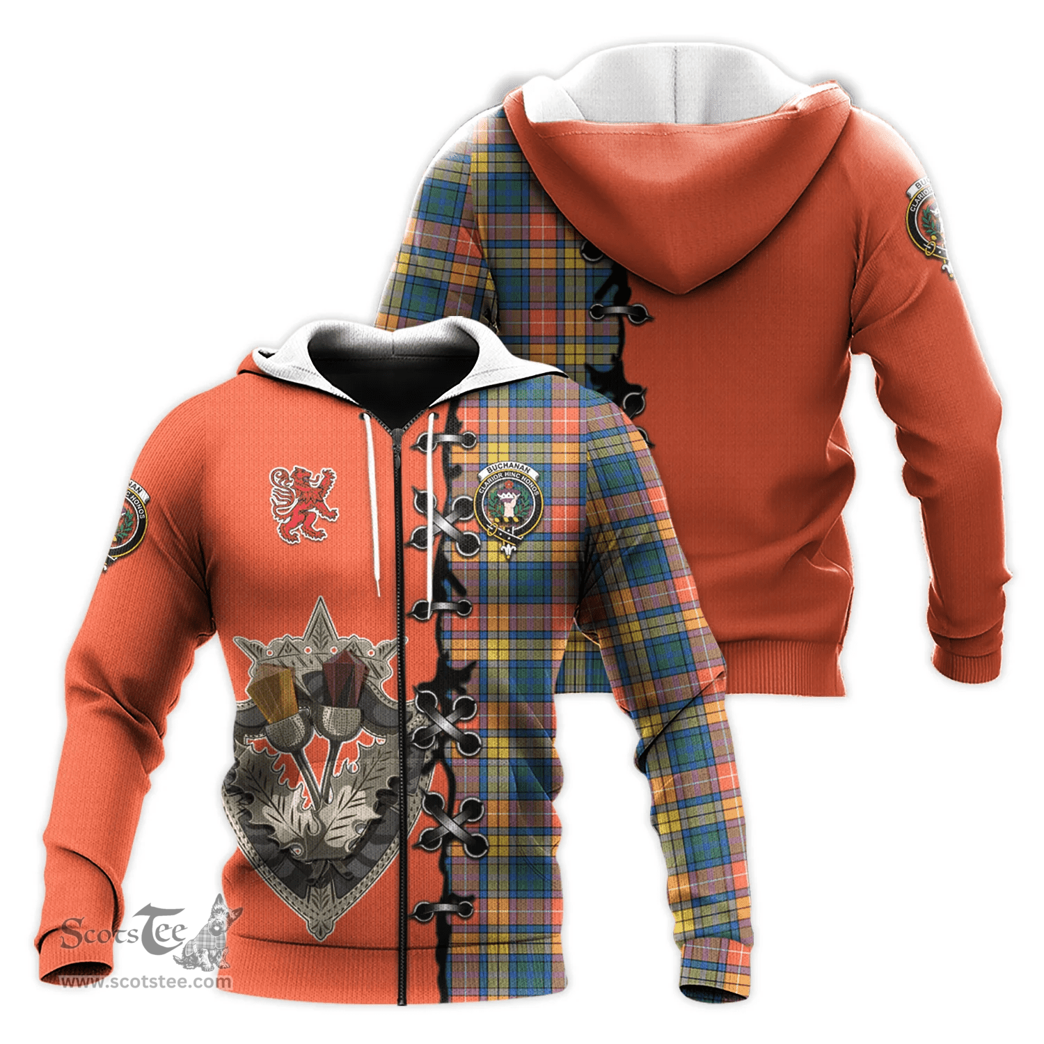 Scottish Buchanan Ancient Clan Tartan Hoodie - Lion Rampant And Celtic Thistle Style Scottish Plaid Tartan Plaid