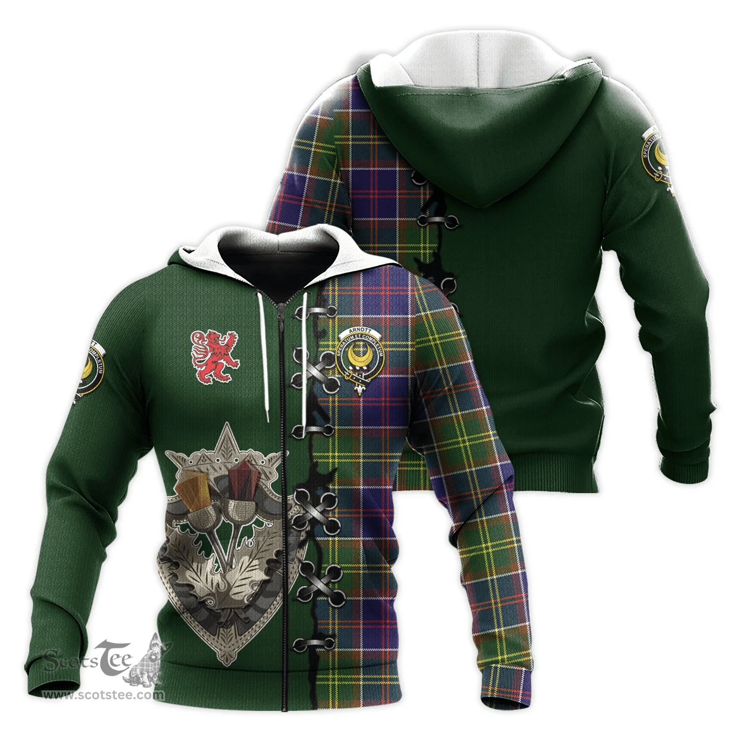 Scottish Arnott Clan Tartan Hoodie - Lion Rampant And Celtic Thistle Style Scottish Plaid Tartan Plaid