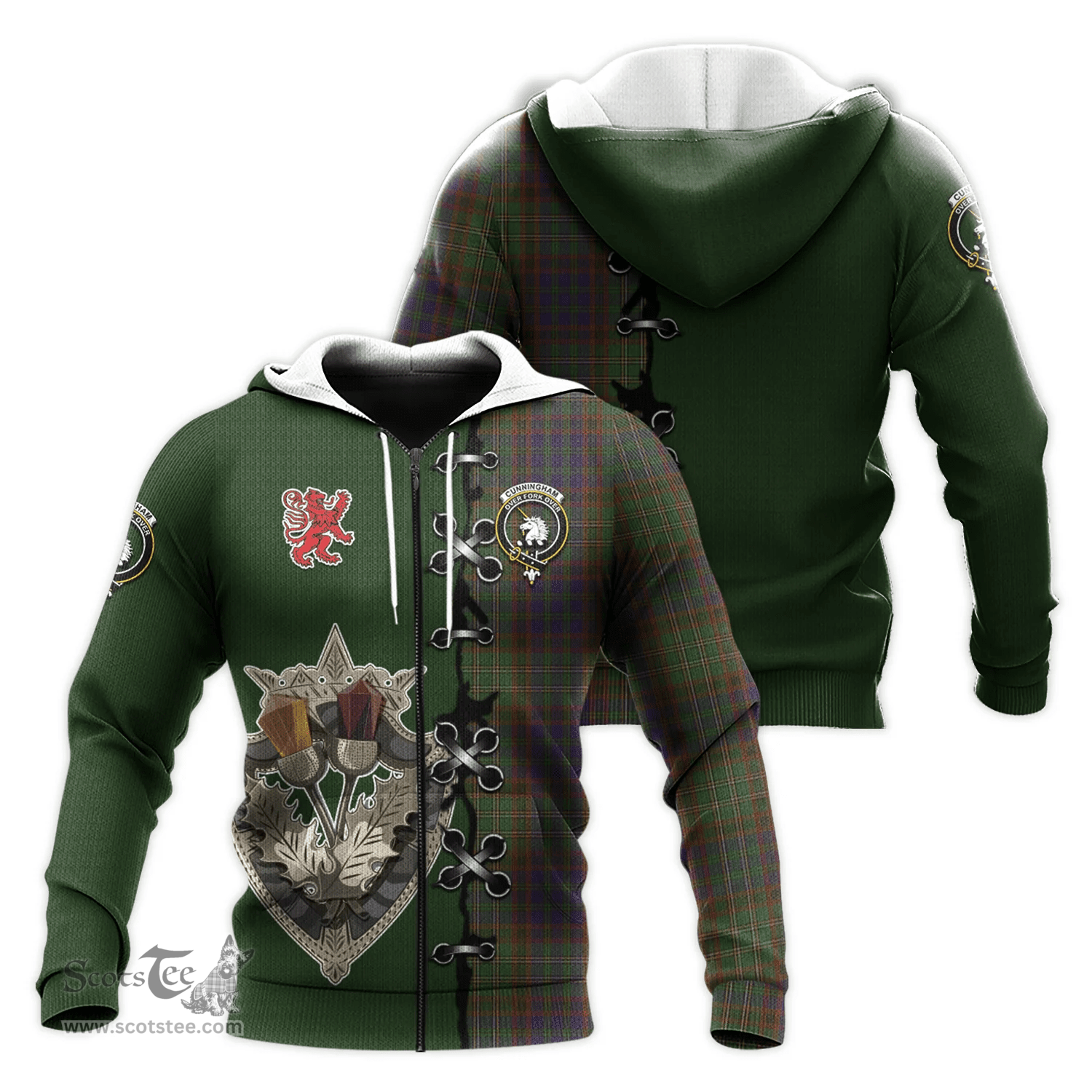 Scottish Cunningham Hunting Modern Clan Tartan Hoodie - Lion Rampant And Celtic Thistle Style Scottish Plaid Tartan Plaid