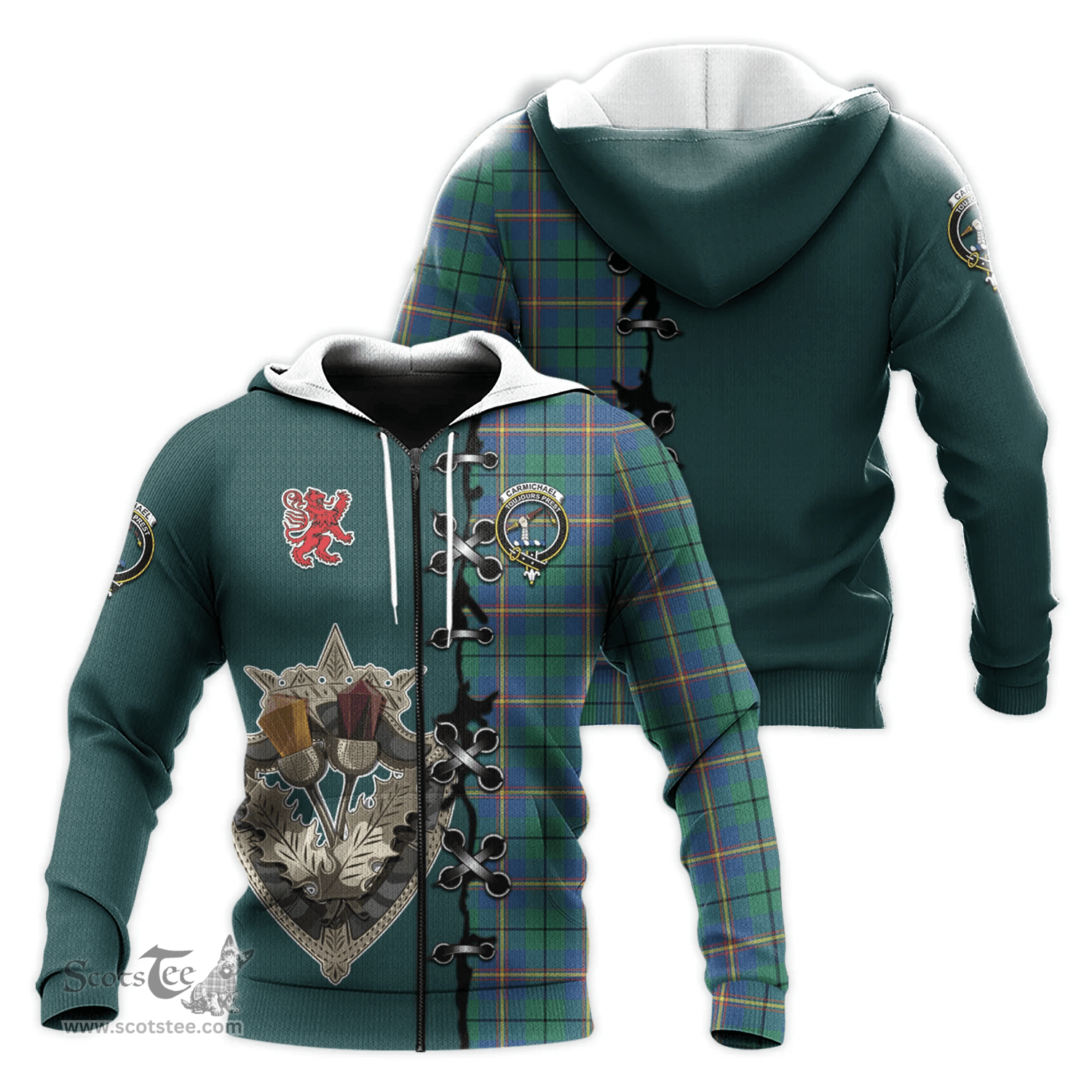 Scottish Carmichael Ancient Clan Tartan Hoodie - Lion Rampant And Celtic Thistle Style Scottish Plaid Tartan Plaid