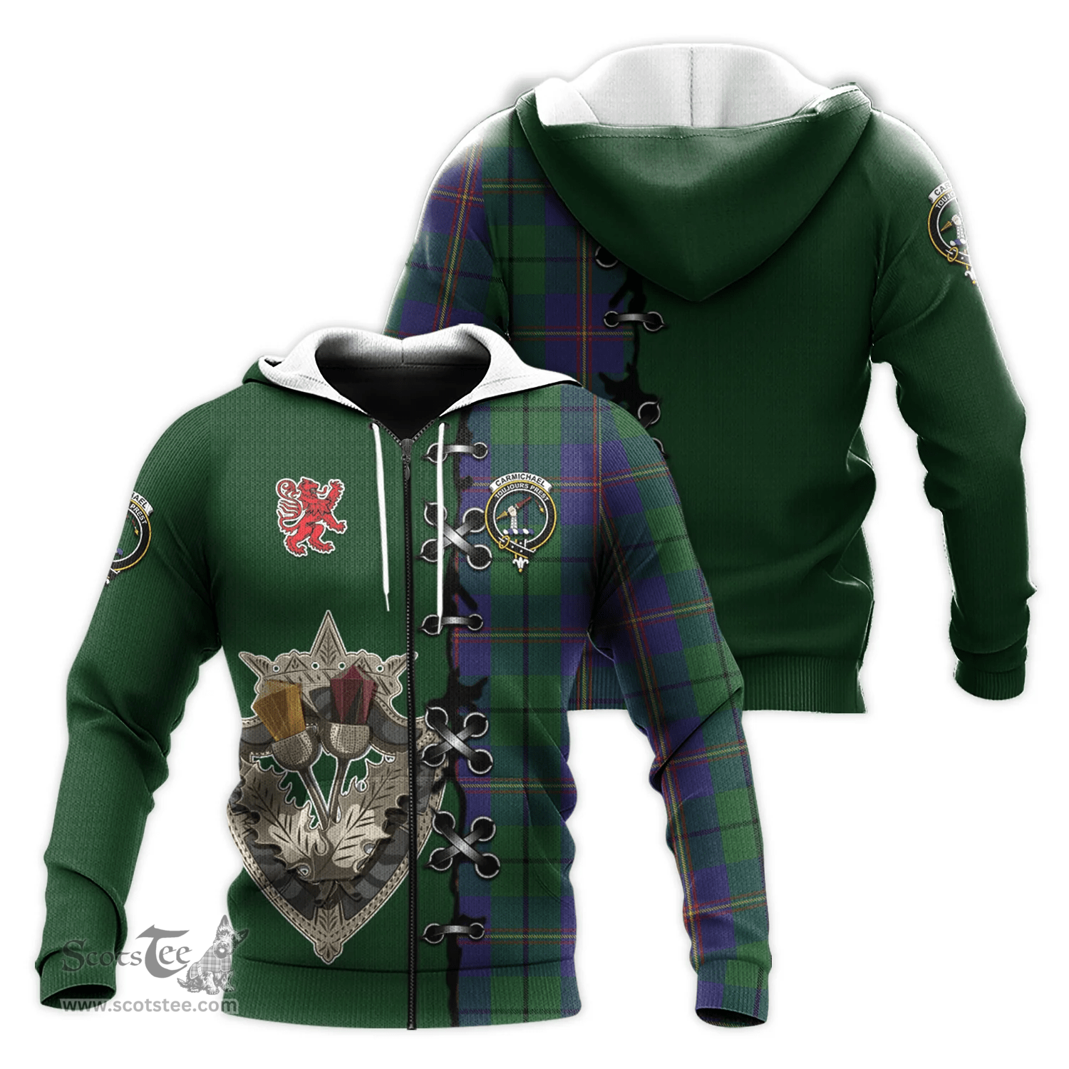 Scottish Carmichael Clan Tartan Hoodie - Lion Rampant And Celtic Thistle Style Scottish Plaid Tartan Plaid