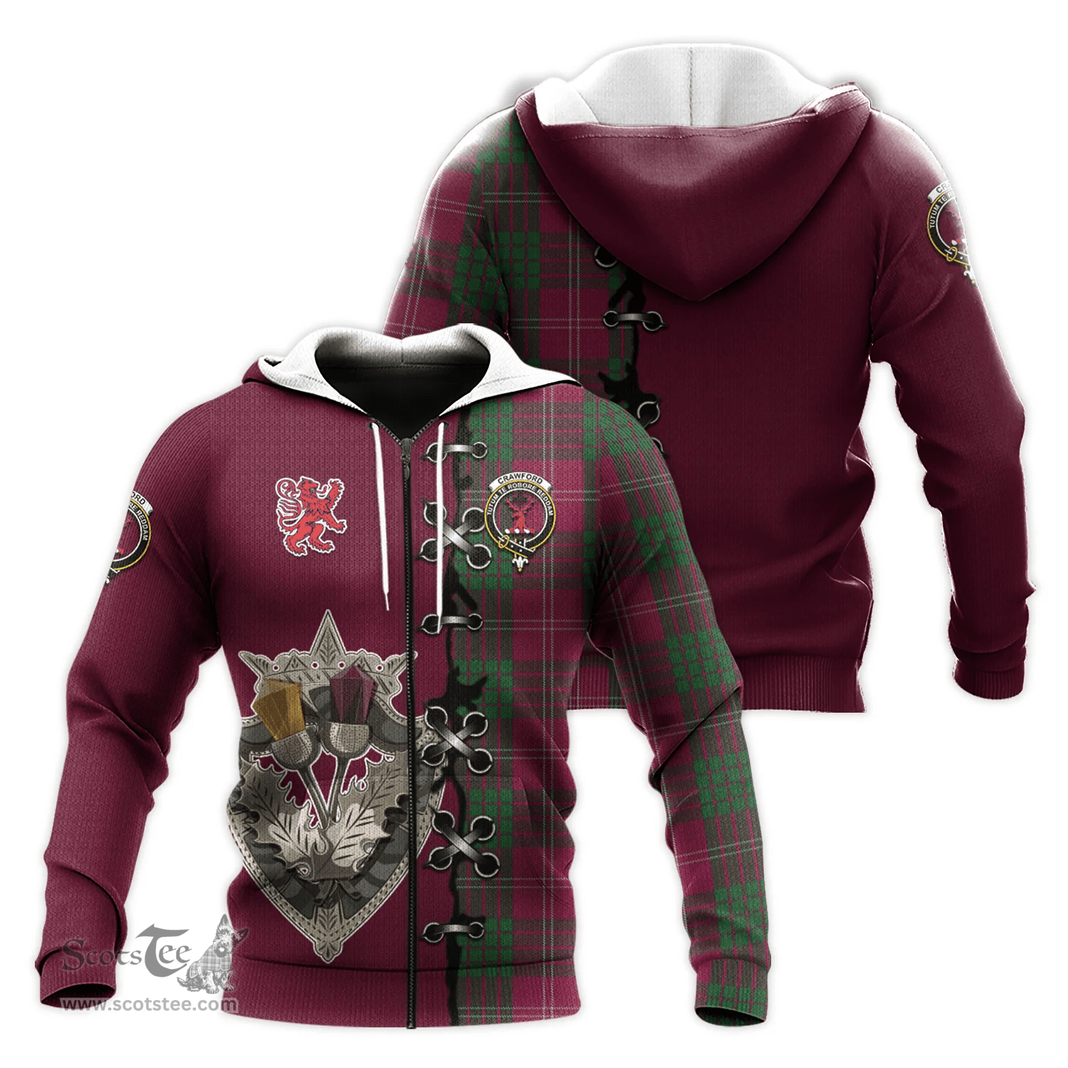 Scottish Crawford Clan Tartan Hoodie - Lion Rampant And Celtic Thistle Style Scottish Plaid Tartan Plaid