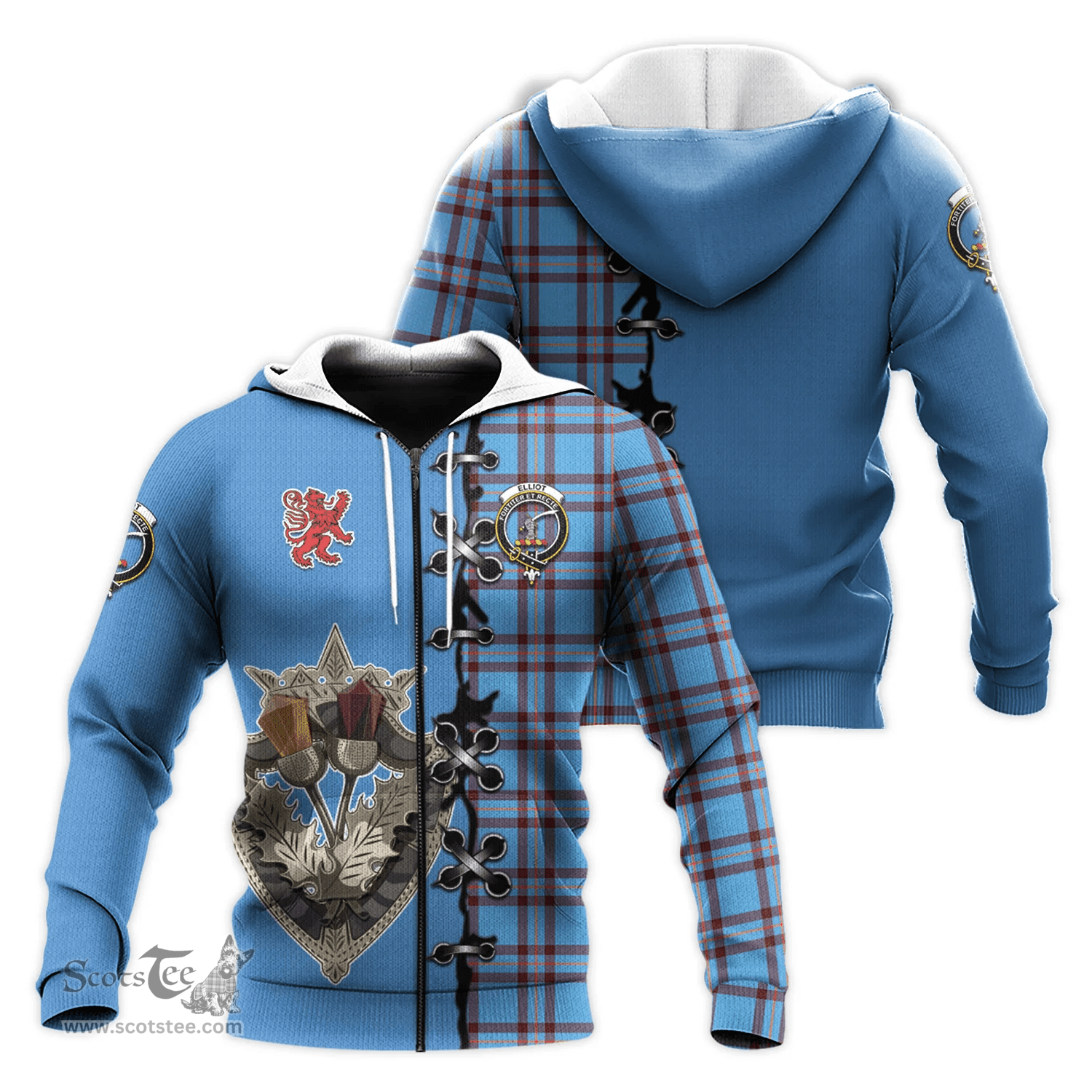 Scottish Elliot Ancient Clan Tartan Hoodie - Lion Rampant And Celtic Thistle Style Scottish Plaid Tartan Plaid
