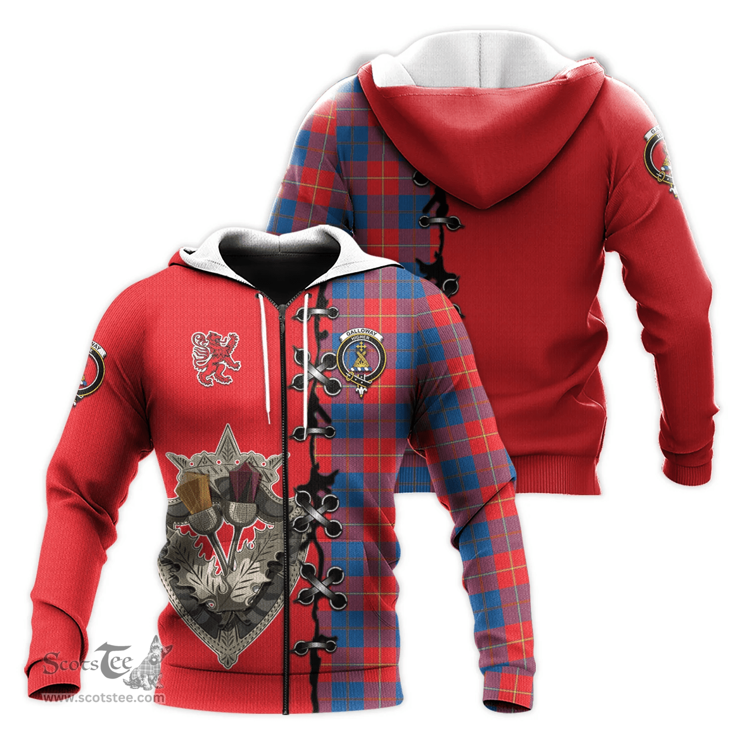 Scottish Galloway Red Clan Tartan Hoodie - Lion Rampant And Celtic Thistle Style Scottish Plaid Tartan Plaid