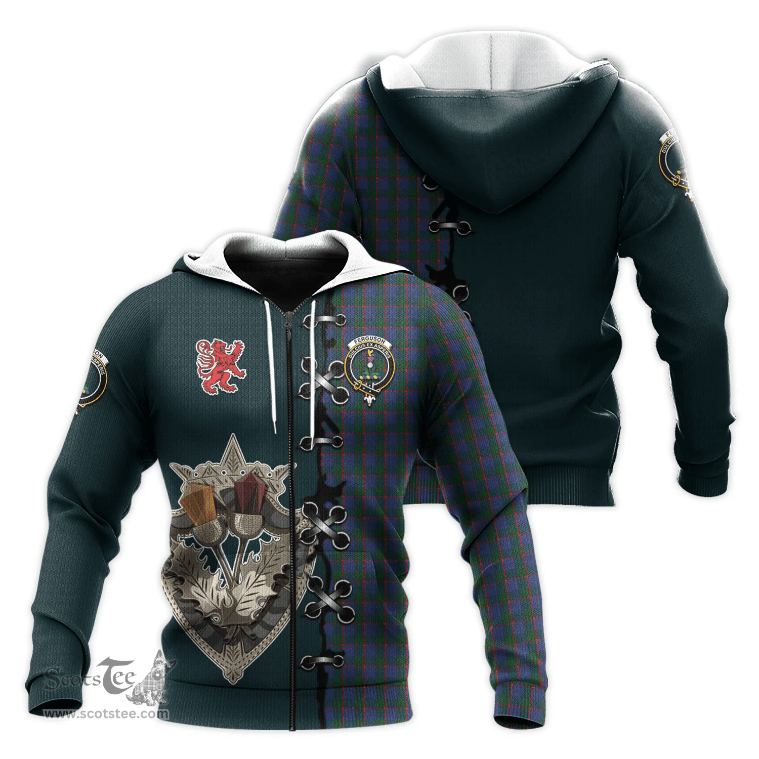Scottish Ferguson Clan Tartan Hoodie - Lion Rampant And Celtic Thistle Style Scottish Plaid Tartan Plaid