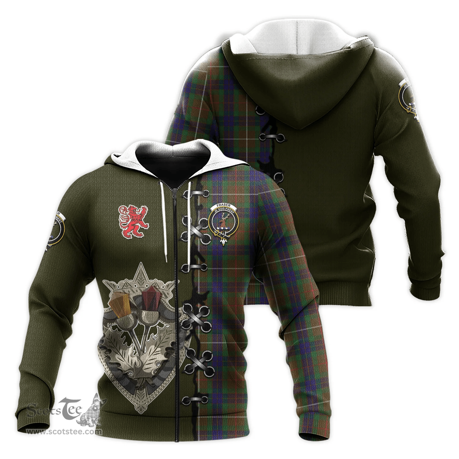 Scottish Fraser Hunting Clan Tartan Hoodie - Lion Rampant And Celtic Thistle Style Scottish Plaid Tartan Plaid