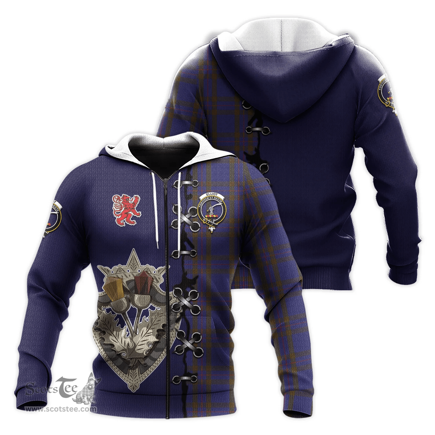 Scottish Elliot Clan Tartan Hoodie - Lion Rampant And Celtic Thistle Style Scottish Plaid Tartan Plaid