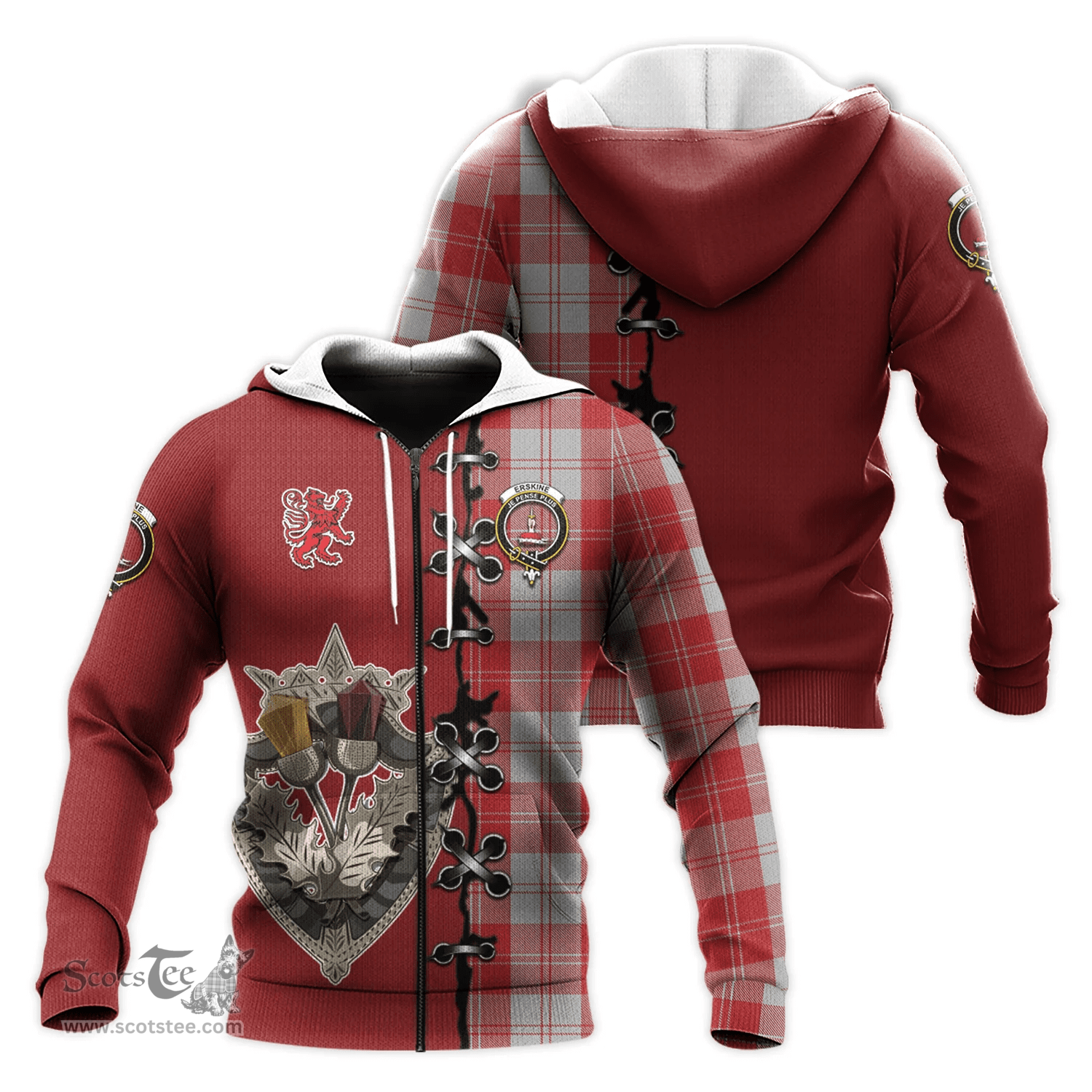 Scottish Erskine Red Clan Tartan Hoodie - Lion Rampant And Celtic Thistle Style Scottish Plaid Tartan Plaid